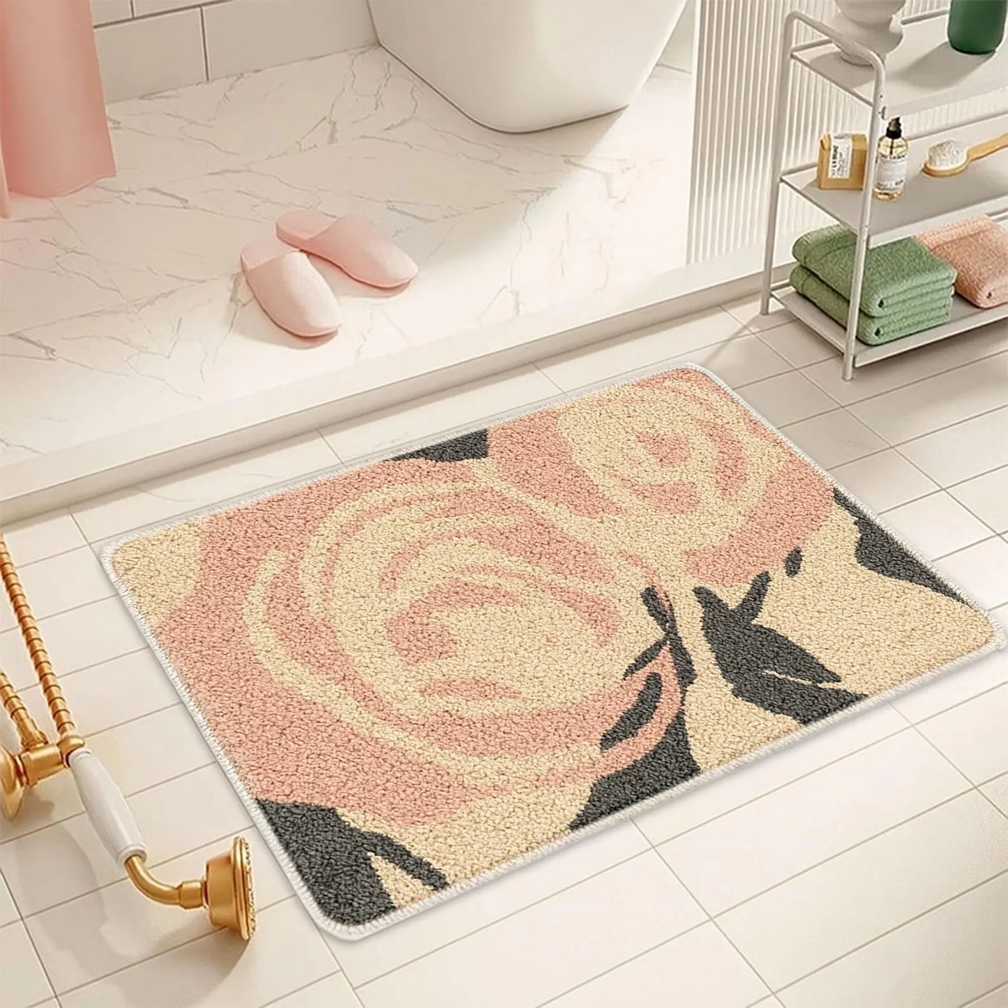 JoySwallow Pink Roses Flowers Tufted Bathmat, Floral Bathroom Rug, Flower Area Rug, Floral Bedroom Rugs