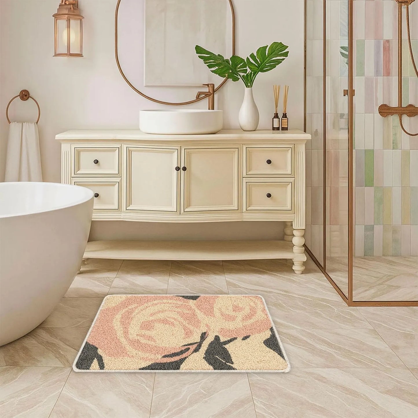 JoySwallow Pink Roses Flowers Tufted Bathmat, Floral Bathroom Rug, Flower Area Rug, Floral Bedroom Rugs