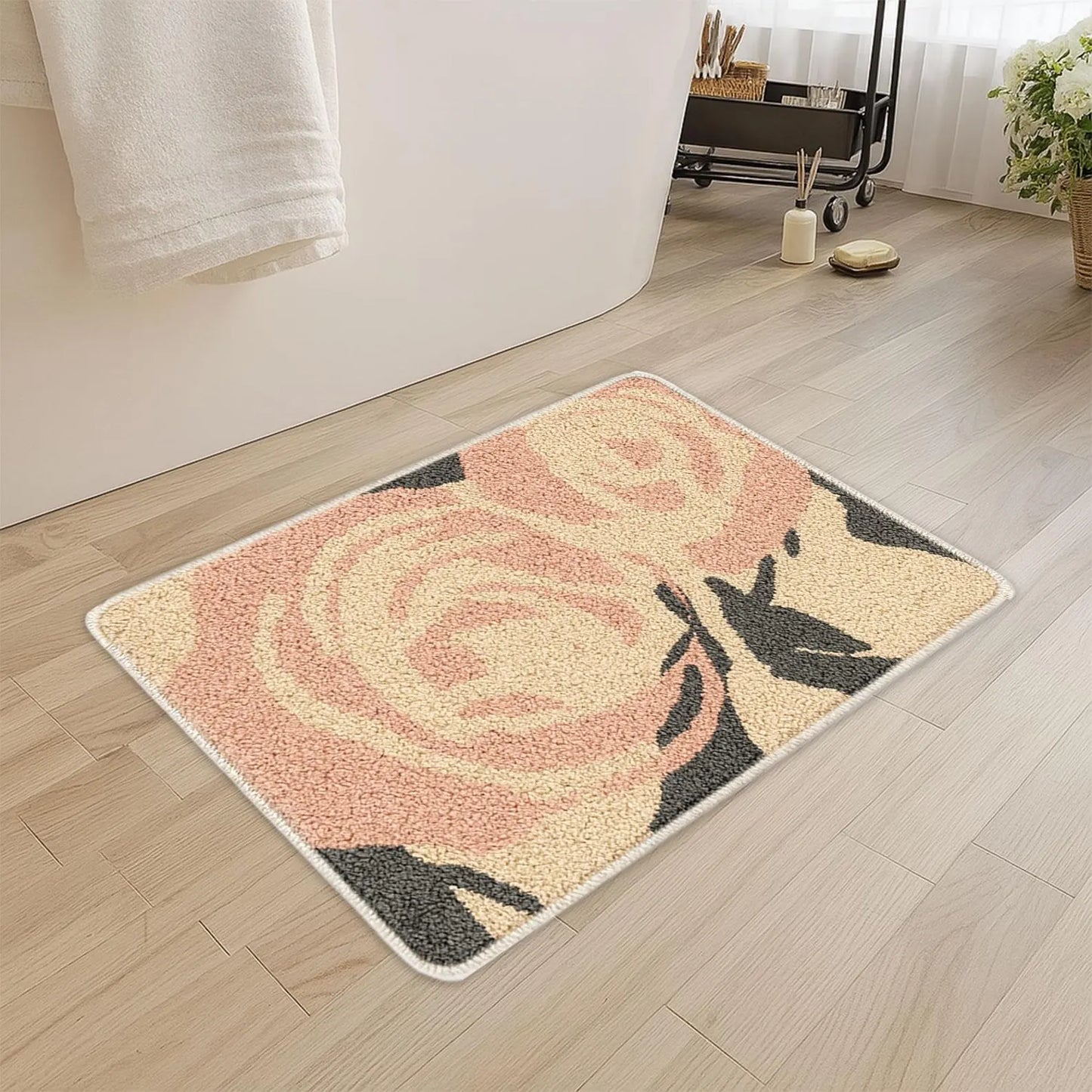 JoySwallow Pink Roses Flowers Tufted Bathmat, Floral Bathroom Rug, Flower Area Rug, Floral Bedroom Rugs