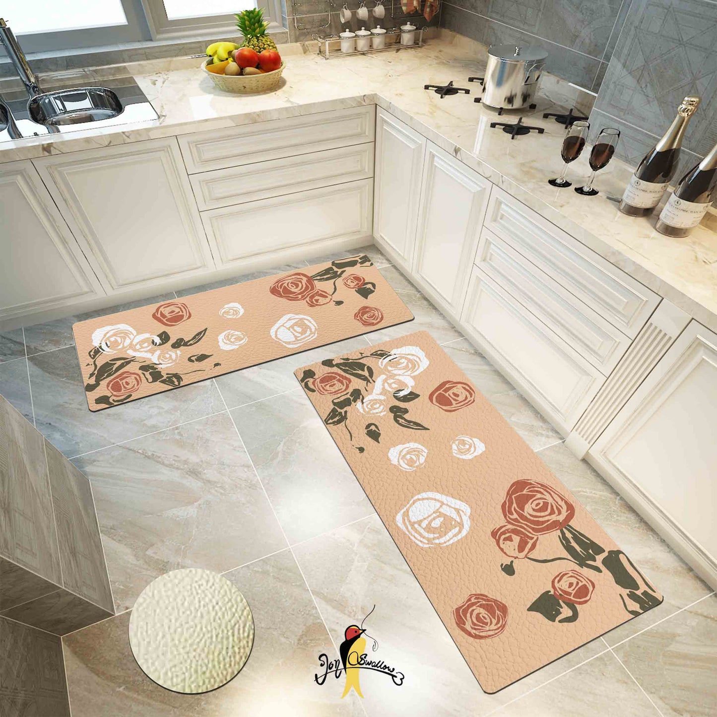 JoySwallow Rose Flowers Kitchen Runner, Floral Non-Slip Anti Fatigue Standing Rug, Comfort Floor Mat for Kitchen Laundry Décor