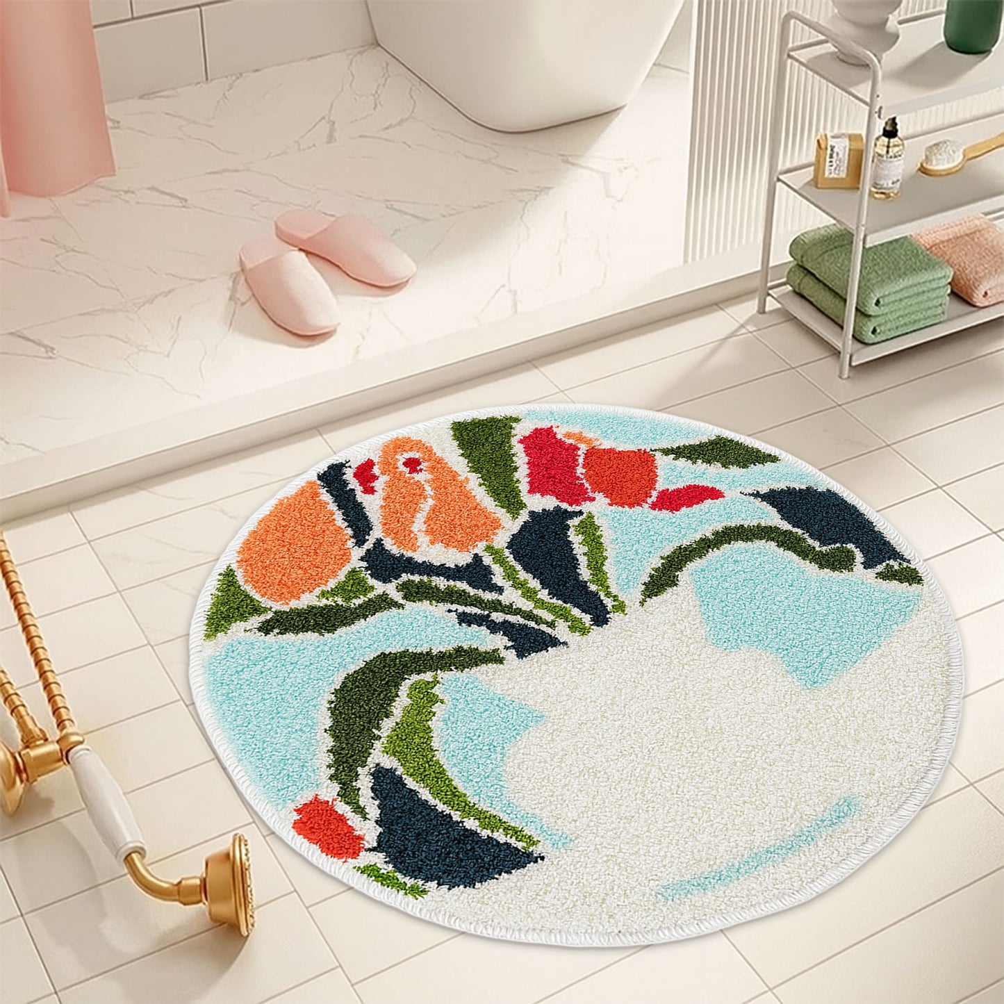 JoySwallow Rose and Vase Round Tufted Bathmat, Lovely Floral Bathroom Rug, Area Rug, Bedroom Rugs, Rug Gift