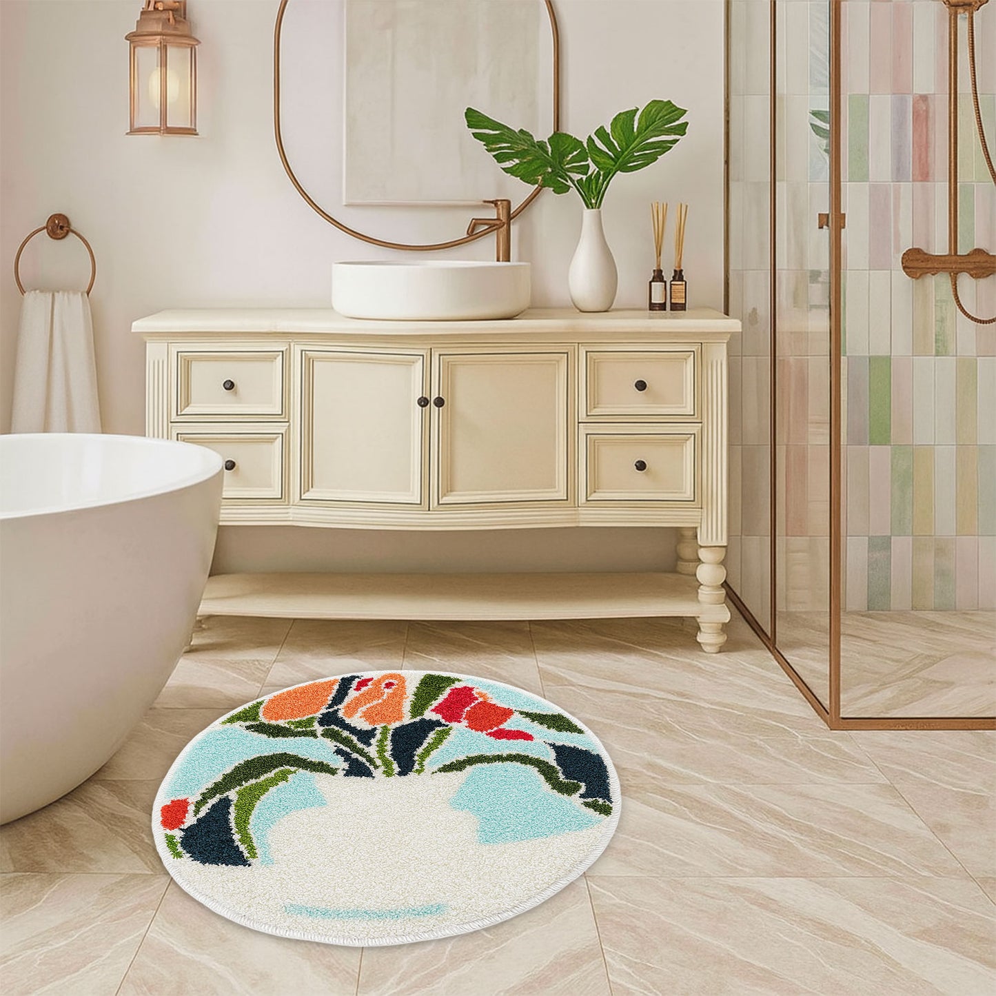 JoySwallow Rose and Vase Round Tufted Bathmat, Lovely Floral Bathroom Rug, Area Rug, Bedroom Rugs, Rug Gift