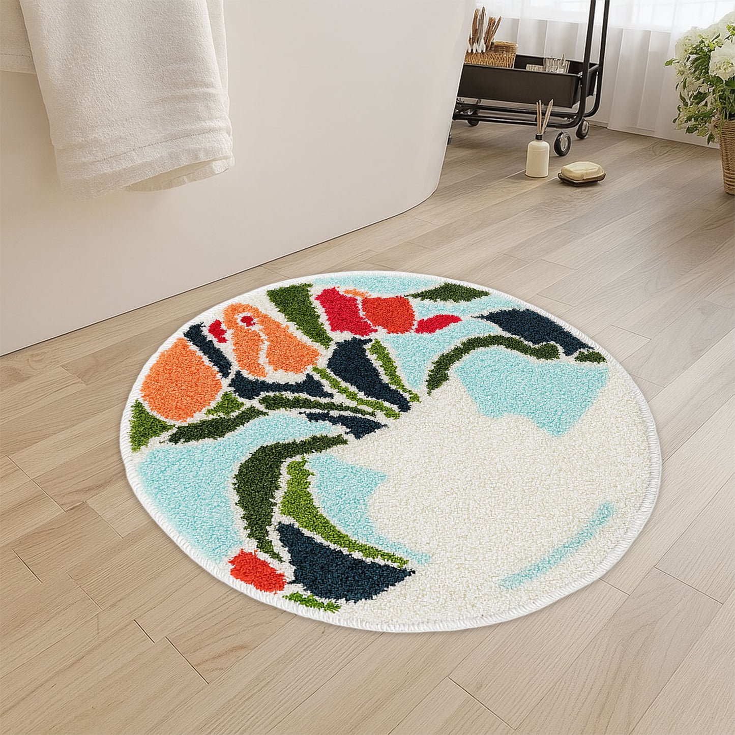 JoySwallow Rose and Vase Round Tufted Bathmat, Lovely Floral Bathroom Rug, Area Rug, Bedroom Rugs, Rug Gift