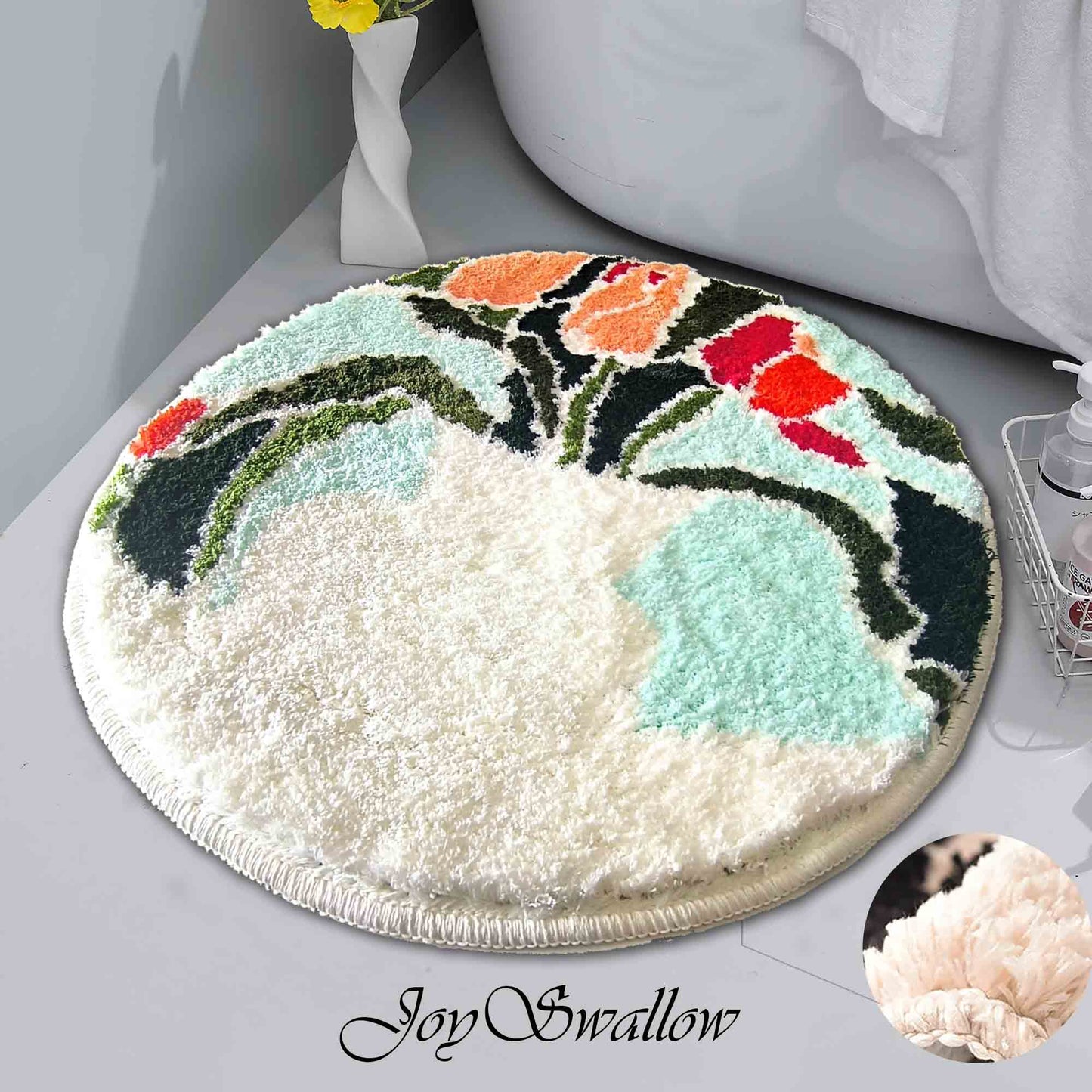 JoySwallow Rose and Vase Round Tufted Bathmat, Lovely Floral Bathroom Rug, Area Rug, Bedroom Rugs, Rug Gift