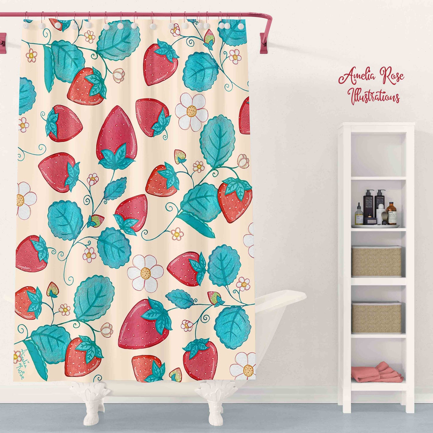 Strawberries and Cream Shower Curtain by AmeliaRose Illustrations from UK