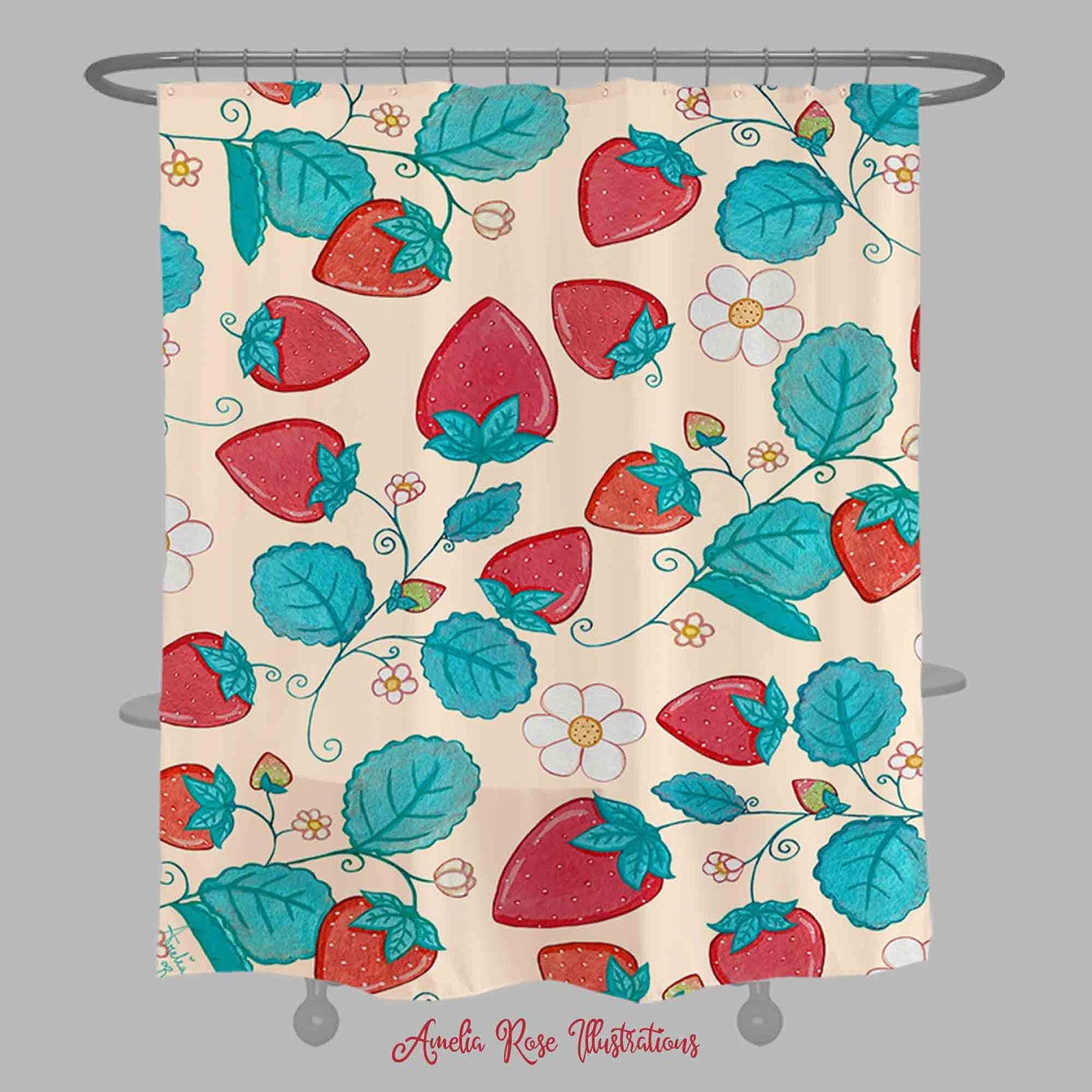 Strawberries and Cream Shower Curtain by AmeliaRose Illustrations from UK