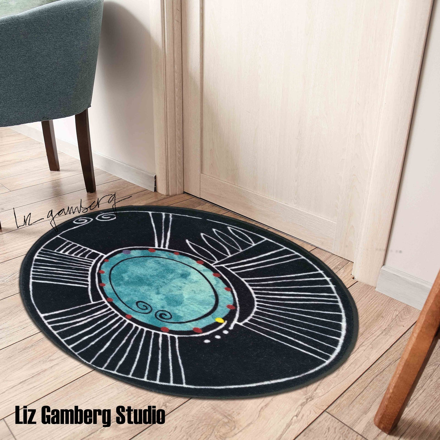 Teal with Carved Border Flannel Door Mat by Liz Gamberg Studio from US