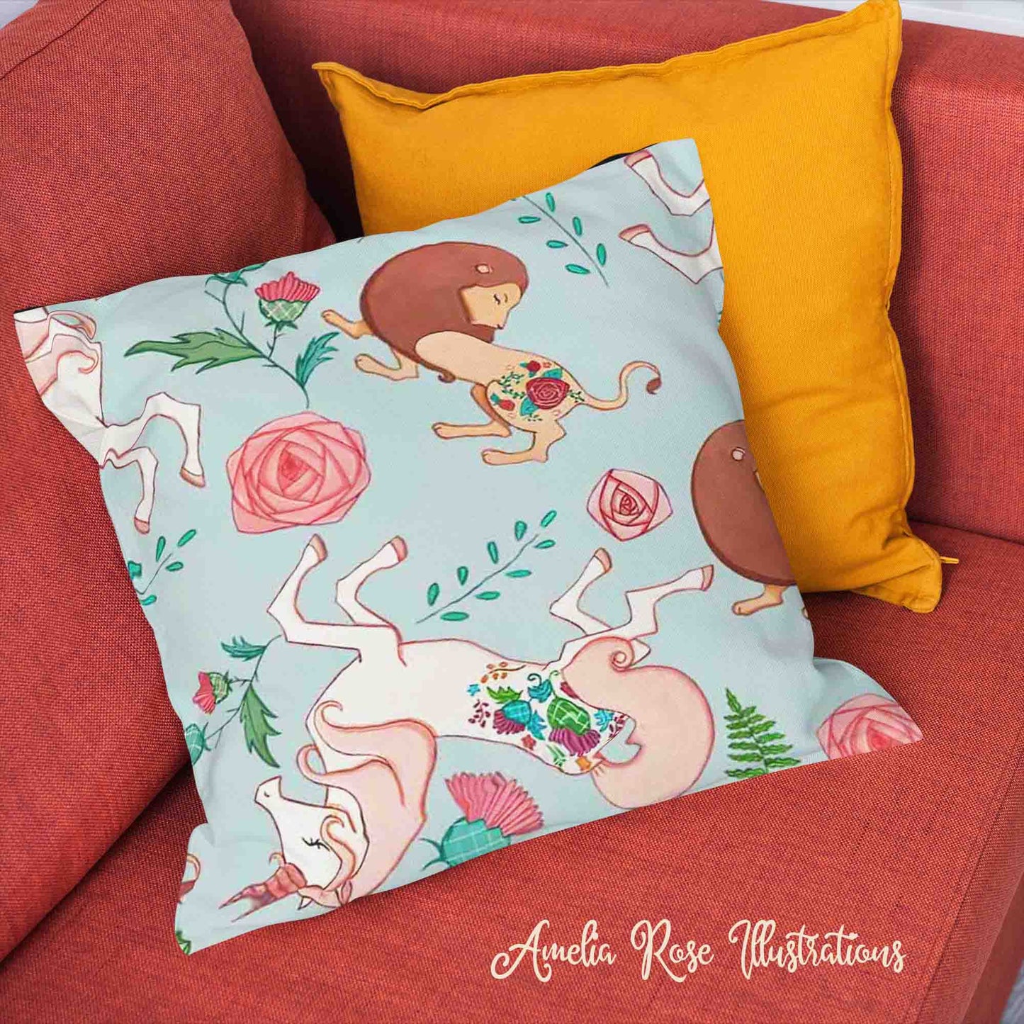 The Lion and the Unicorn Velvet | Linen Cotton | Satin Throw Pillow Covers without Inserts by AmeliaRose Illustrations from UK