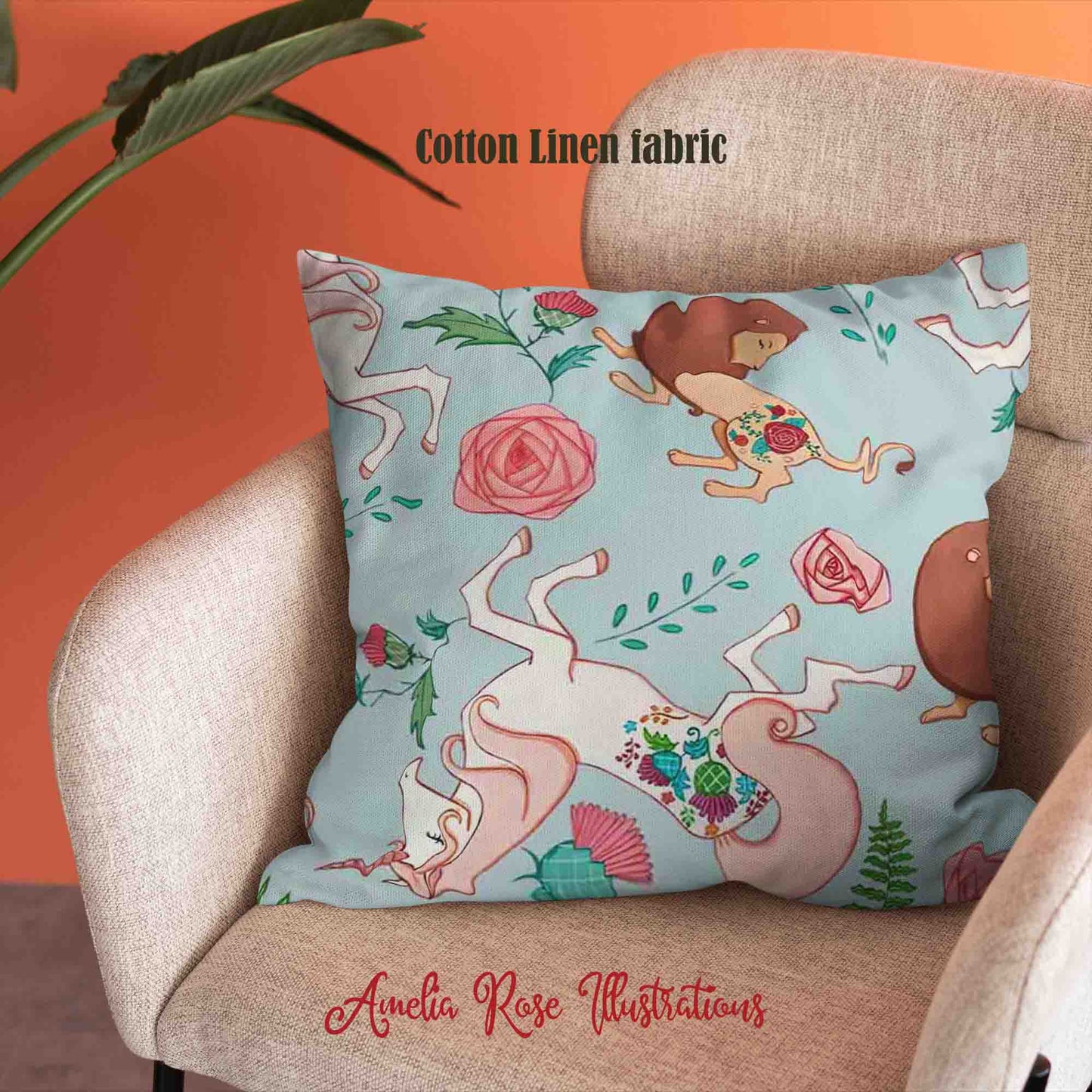 The Lion and the Unicorn Velvet | Linen Cotton | Satin Throw Pillow Covers without Inserts by AmeliaRose Illustrations from UK