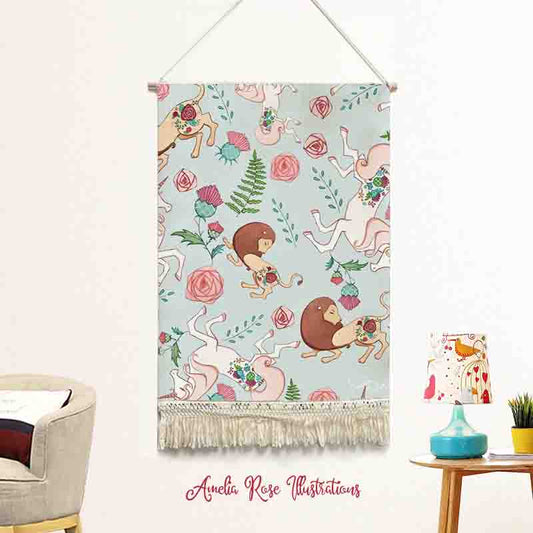 The Lion and the Unicorn Handmade Macrame Hanging Wall Decor Art, Woven Tapestries, Wall Decoration by AmeliaRose Illustrations from UK