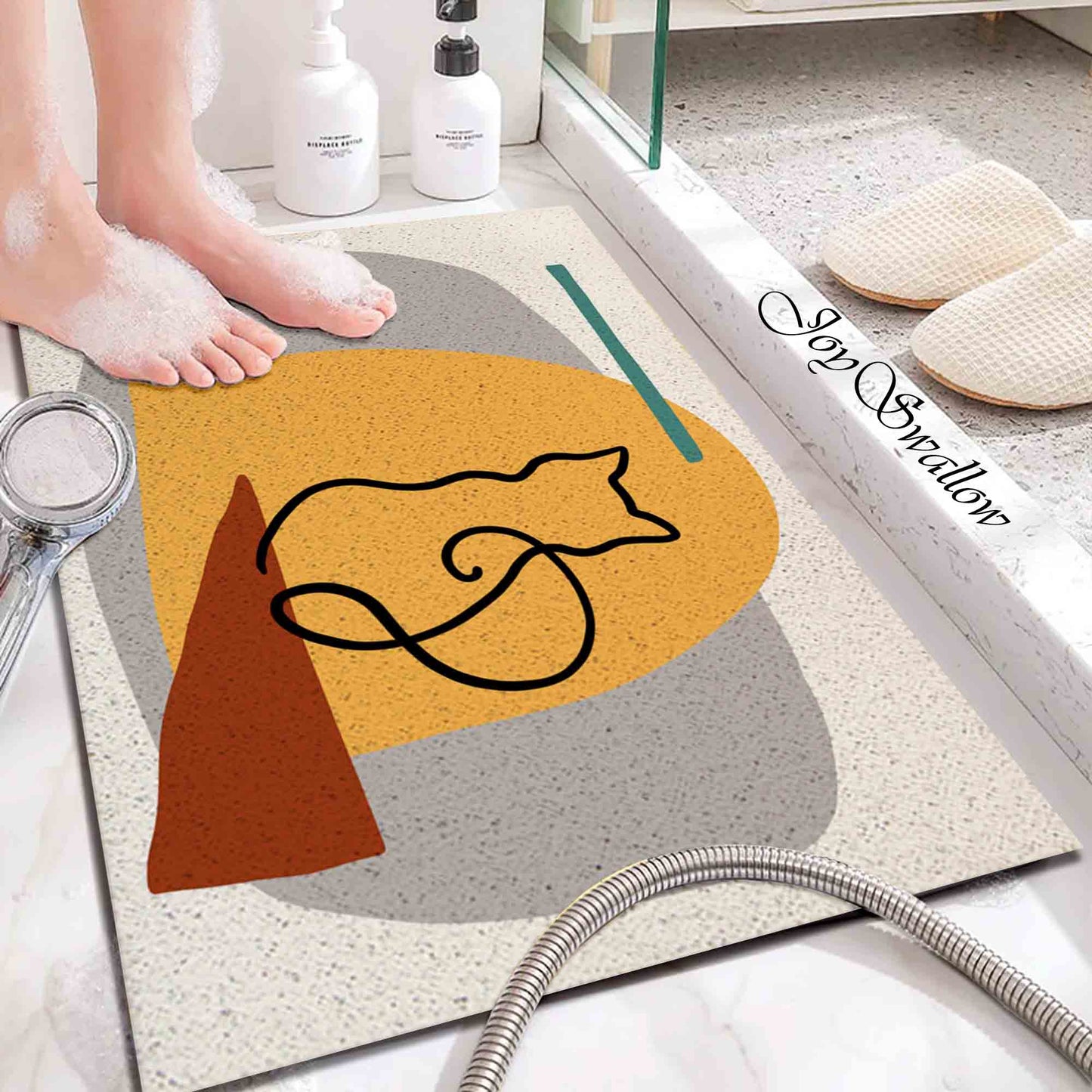 JoySwallow Personalized Bathtub Mat, The Cat Waiting at the Door Tub Mat, PVC Coil Permeable Bath Mat, Floral Drainable Bath Rug, Anti Skid Bathmat
