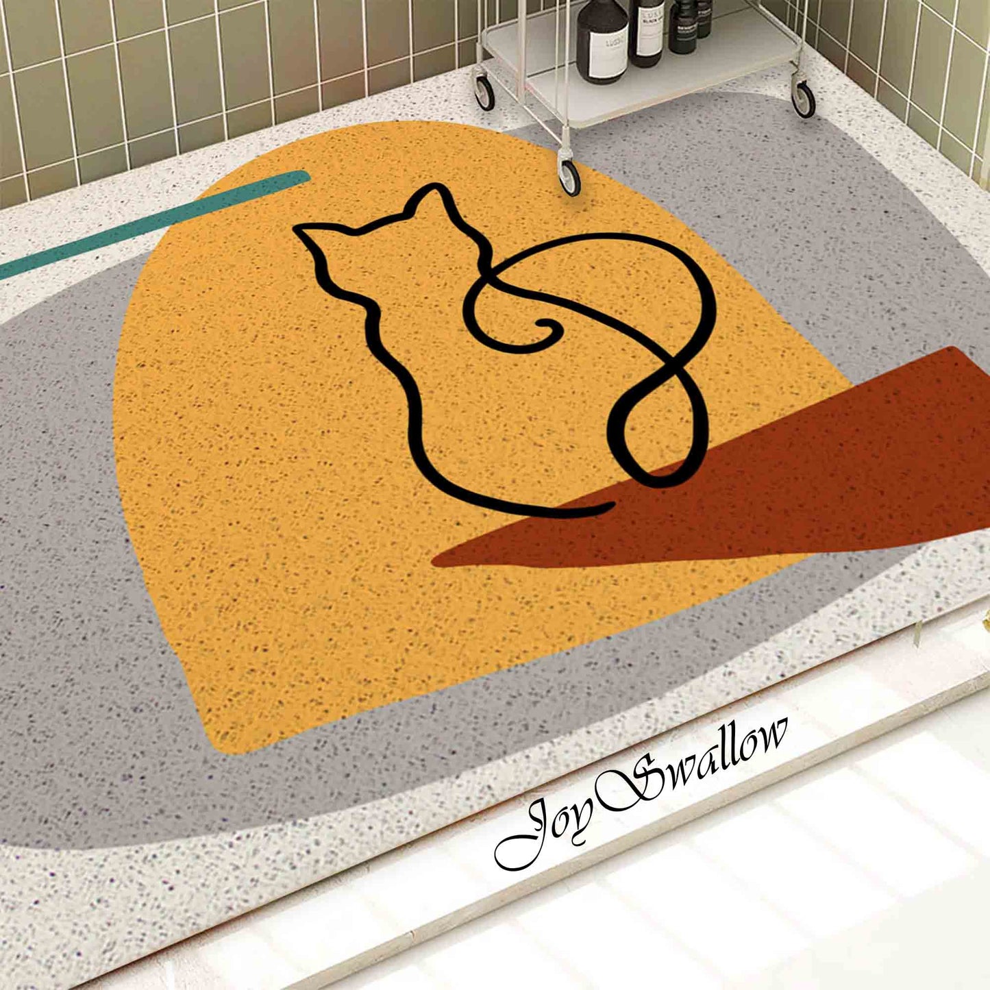 JoySwallow Personalized Bathtub Mat, The Cat Waiting at the Door Tub Mat, PVC Coil Permeable Bath Mat, Floral Drainable Bath Rug, Anti Skid Bathmat