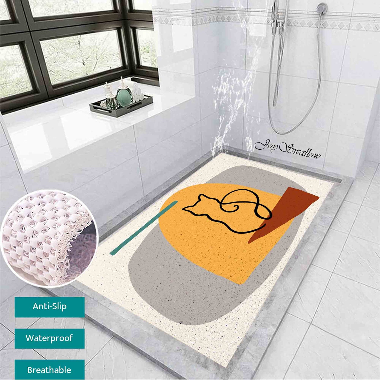 JoySwallow Personalized Bathtub Mat, The Cat Waiting at the Door Tub Mat, PVC Coil Permeable Bath Mat, Floral Drainable Bath Rug, Anti Skid Bathmat