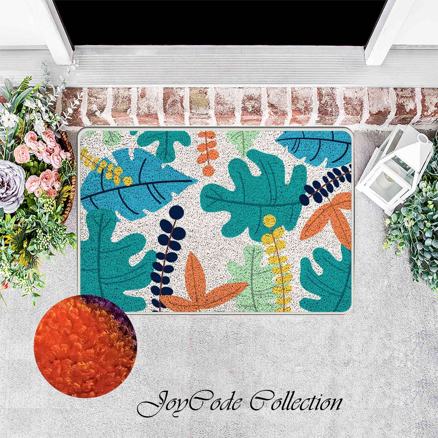 JoySwallow Tropical Rainforest Colorful Leaves Flannel Entrance Door Mat, Green and Orange Floral Anti-Skid High-End Outdoor Rugs