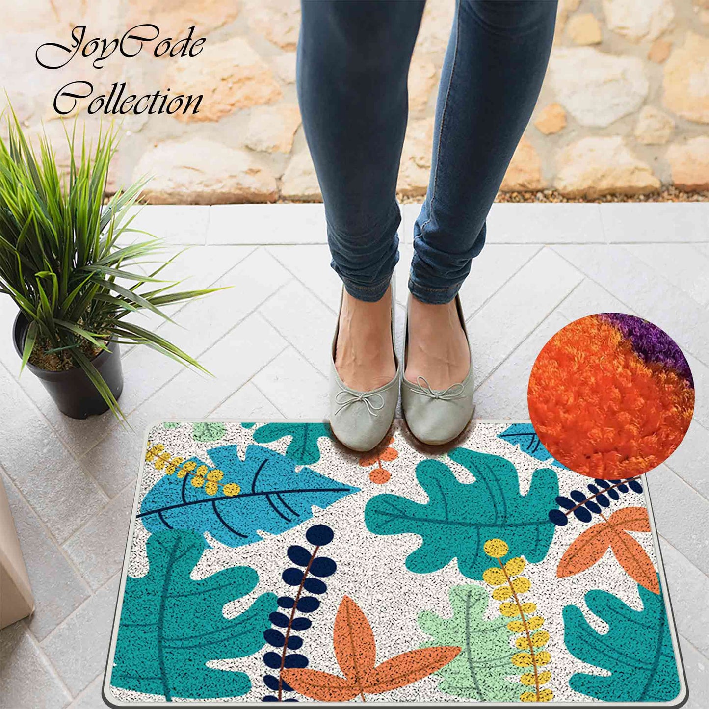 JoySwallow Tropical Rainforest Colorful Leaves Flannel Entrance Door Mat, Green and Orange Floral Anti-Skid High-End Outdoor Rugs