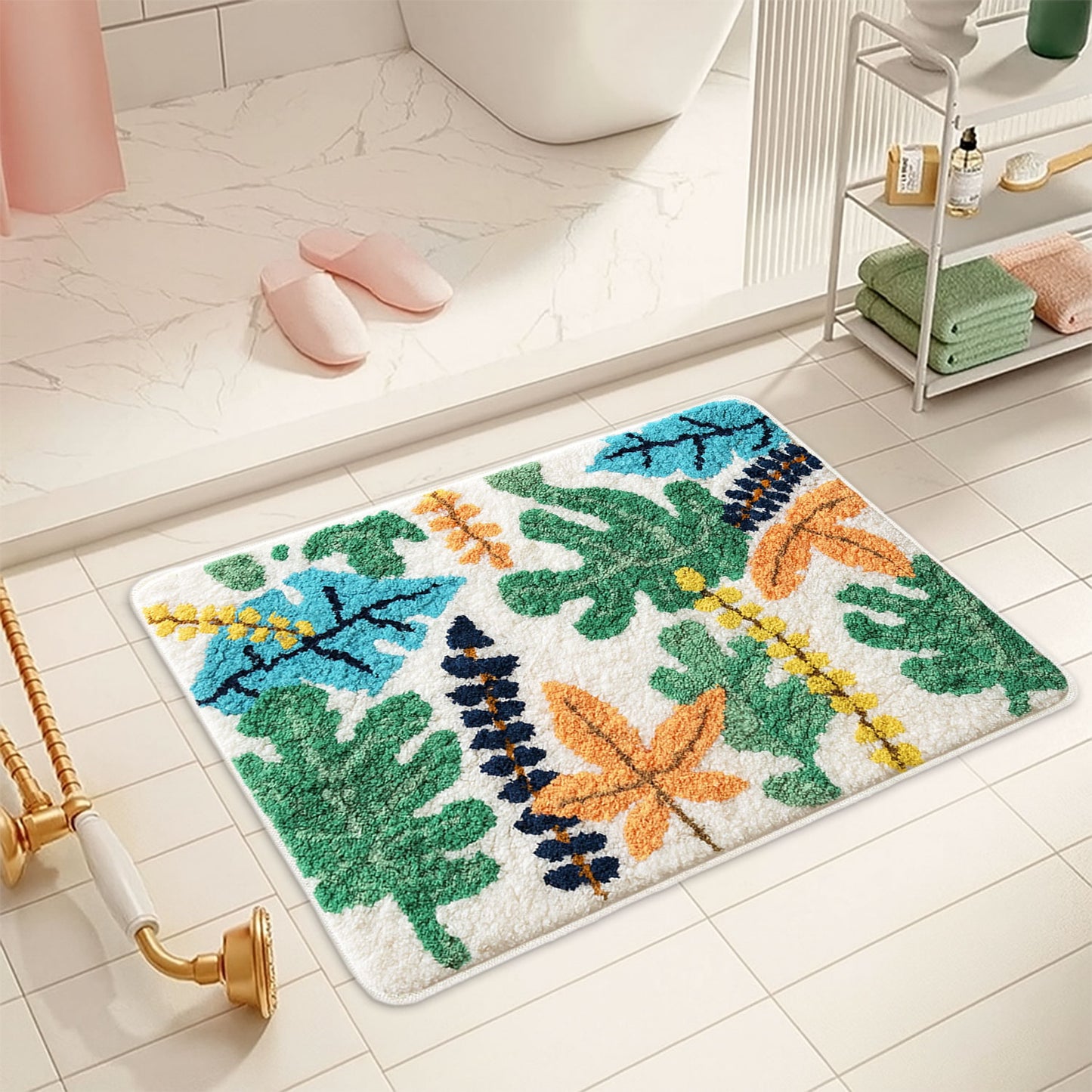 JoySwallow Personalized Bathtub Mat, Tropical Rainforest Colorful Leaves Tub Mat, PVC Coil Permeable Bath Mat, Floral Drainable Bath Rug, Anti Skid Bathmat
