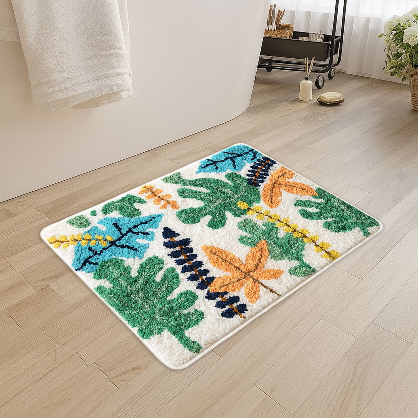 JoySwallow Personalized Bathtub Mat, Tropical Rainforest Colorful Leaves Tub Mat, PVC Coil Permeable Bath Mat, Floral Drainable Bath Rug, Anti Skid Bathmat