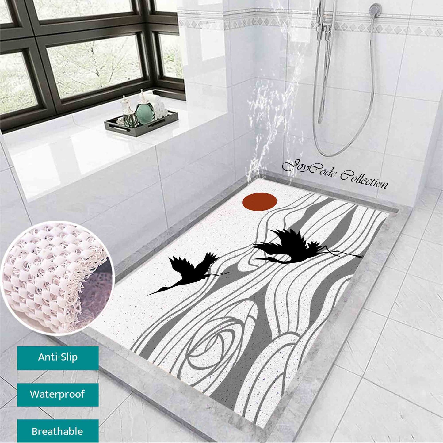 JoySwallow Personalized Bathtub Mat, Two Cranes Mountain Sun Bathtub Mat, Abstract PVC Coil Shower Mat, Geometrical Anti Skid PVC Coil Bathmat, Permeable Bathmat, Drainable Rug