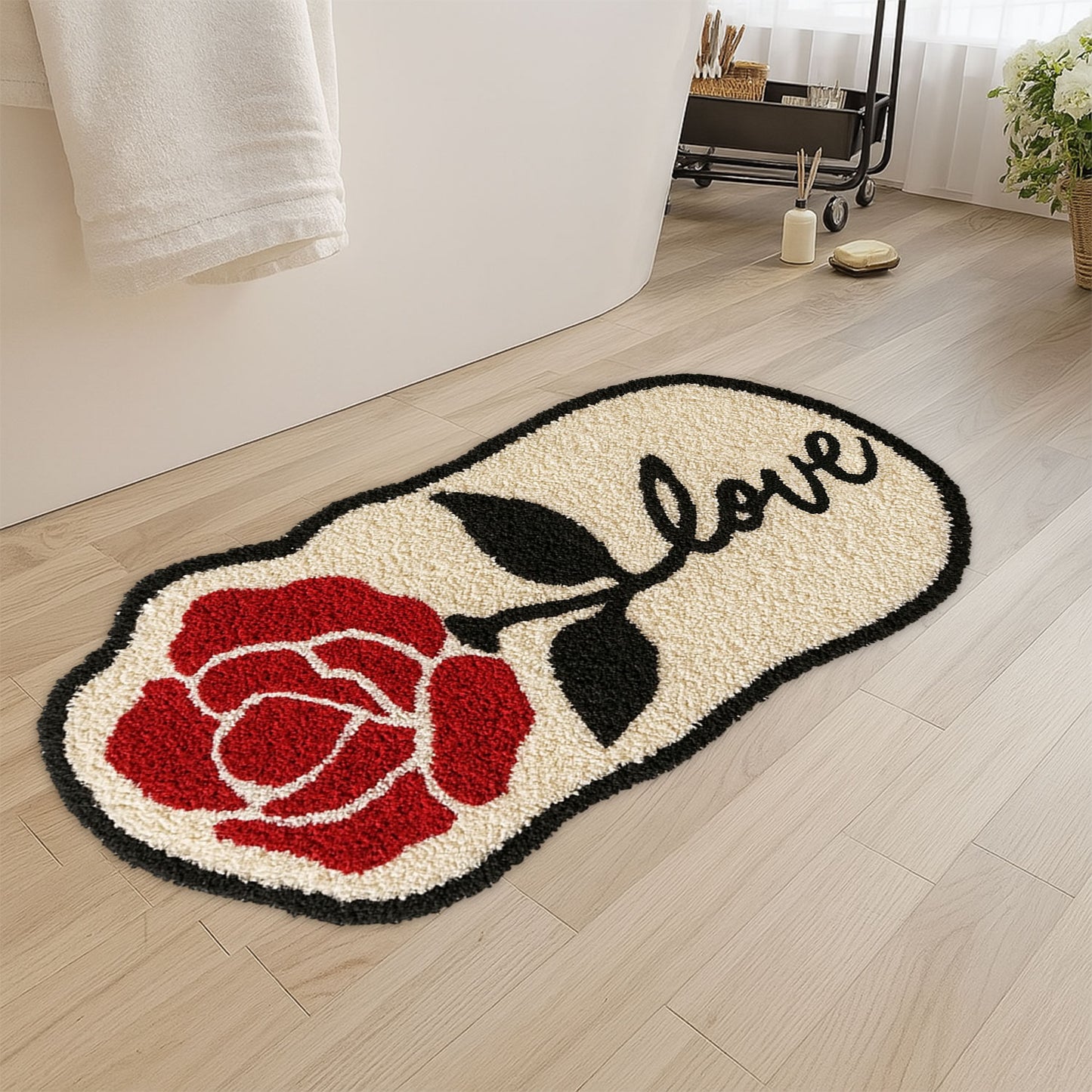 JoySwallow Irregular Valentine Red Rose Tufted Bathmat, Floral Bathroom Rug, Flower Area Rug, Floral Bedroom Rugs,Valentines Gift