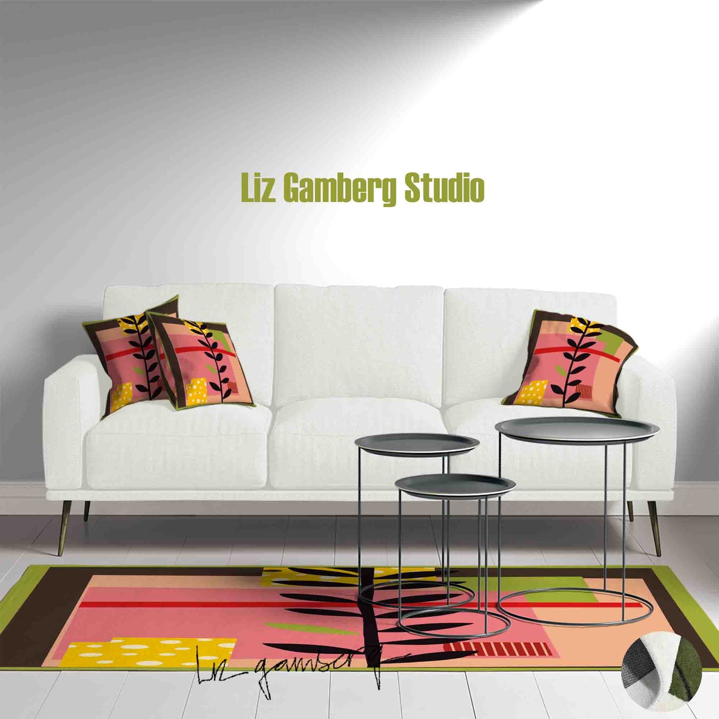 Vine On Pink Handmade Yarn Dye Living Room Rug by Liz Gamberg Studio from US