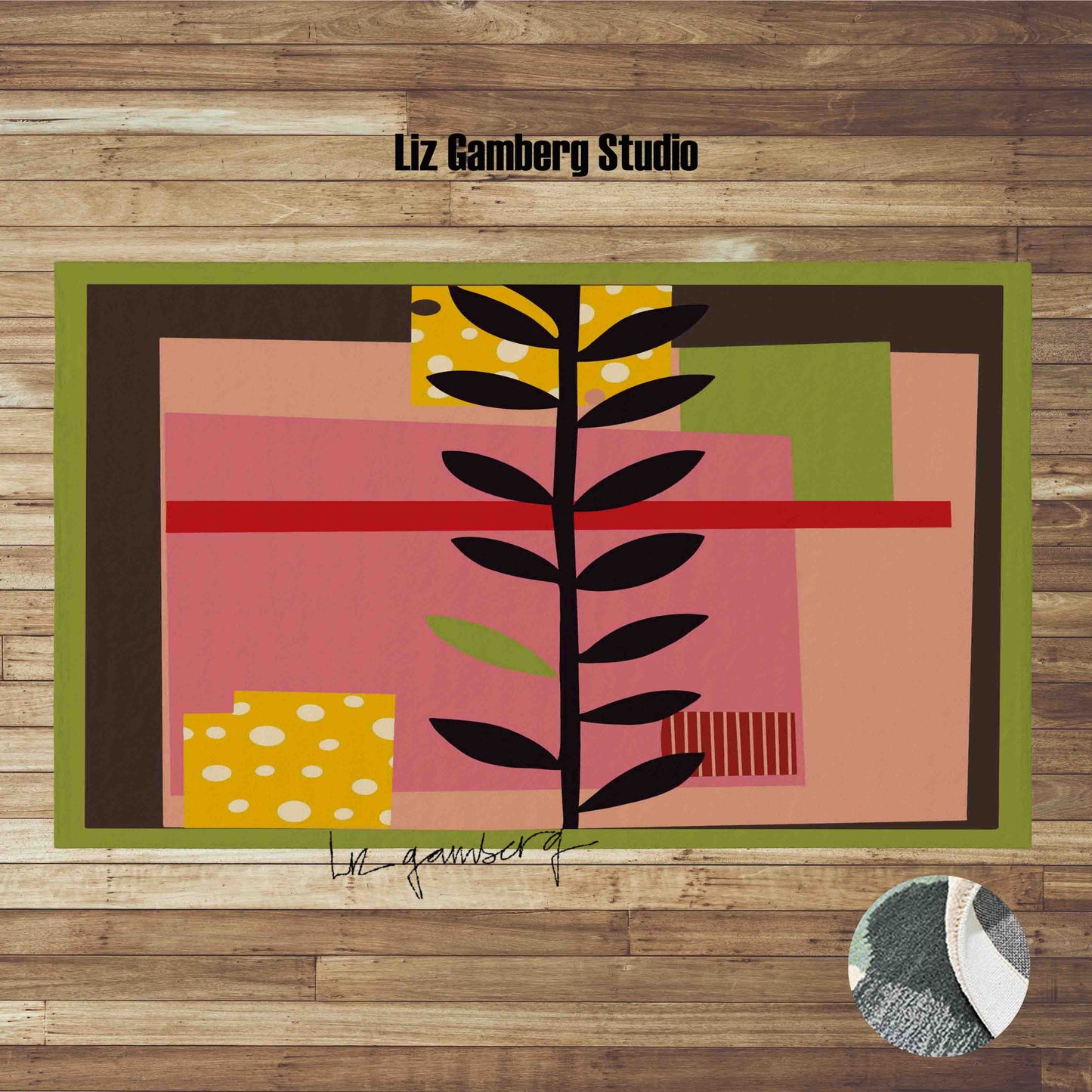 Vine On Pink Handmade Yarn Dye Living Room Rug by Liz Gamberg Studio from US
