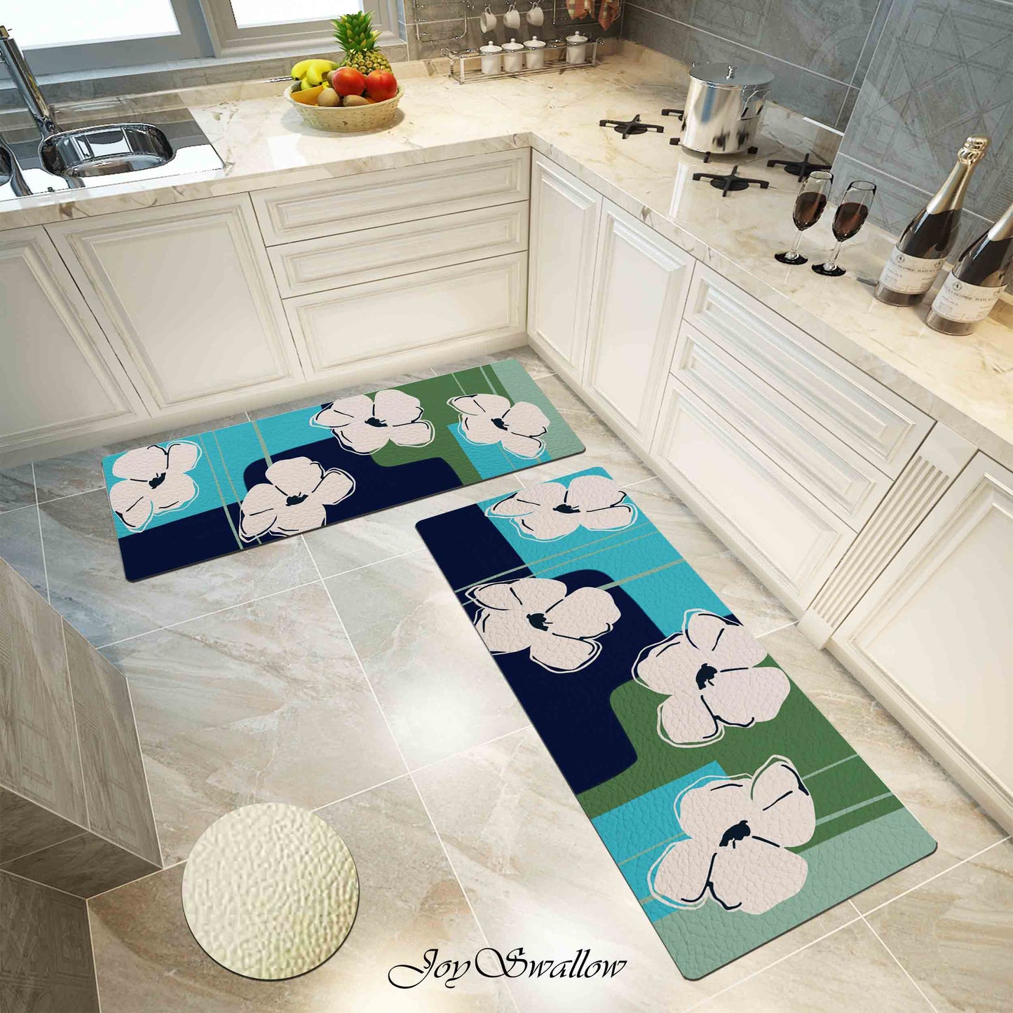 JoySwallow White Anemone Kitchen Runner, Floral Non-Slip Anti Fatigue Standing Rug, Comfort Floor Mat for Kitchen Laundry Décor