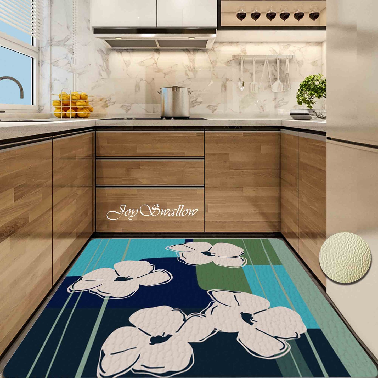 JoySwallow White Anemone Kitchen Runner, Floral Non-Slip Anti Fatigue Standing Rug, Comfort Floor Mat for Kitchen Laundry Décor