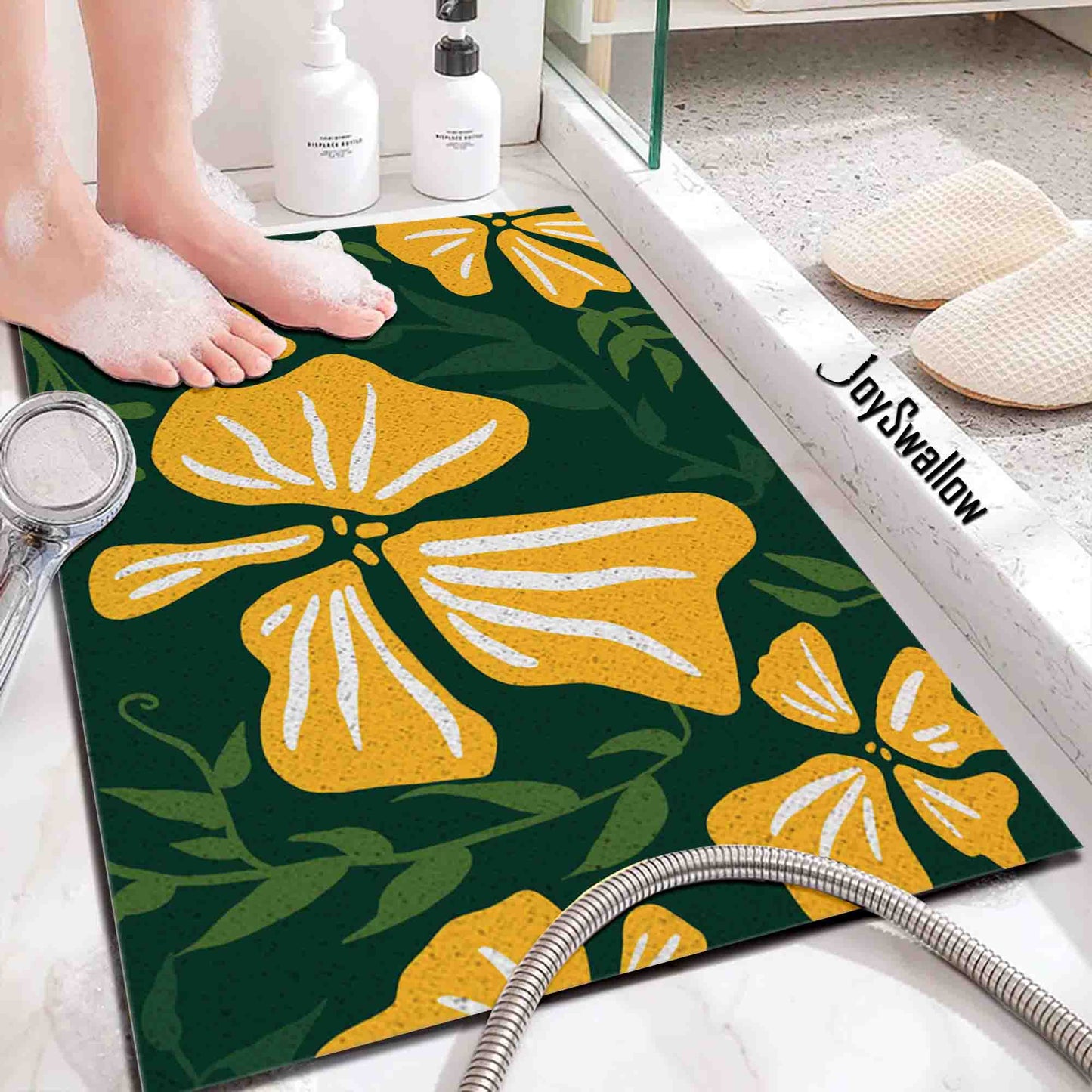 JoySwallow Personalized Bathtub Mat, Yellow Buttercup Flower Tub Mat, PVC Coil Permeable Bath Mat, Floral Drainable Bath Rug, Anti Skid Bathmat