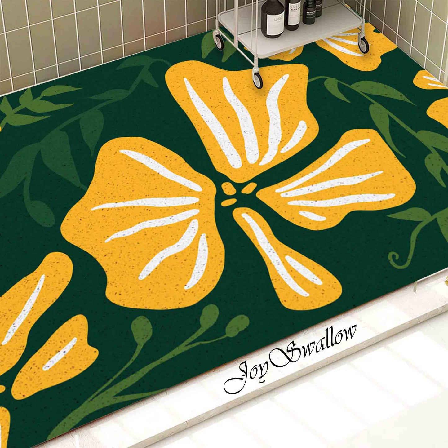 JoySwallow Personalized Bathtub Mat, Yellow Buttercup Flower Bathtub Mat, Art PVC Coil Shower Mat, Flower Anti Skid PVC Coil Bathmat, Permeable Bathmat, Drainable Rug