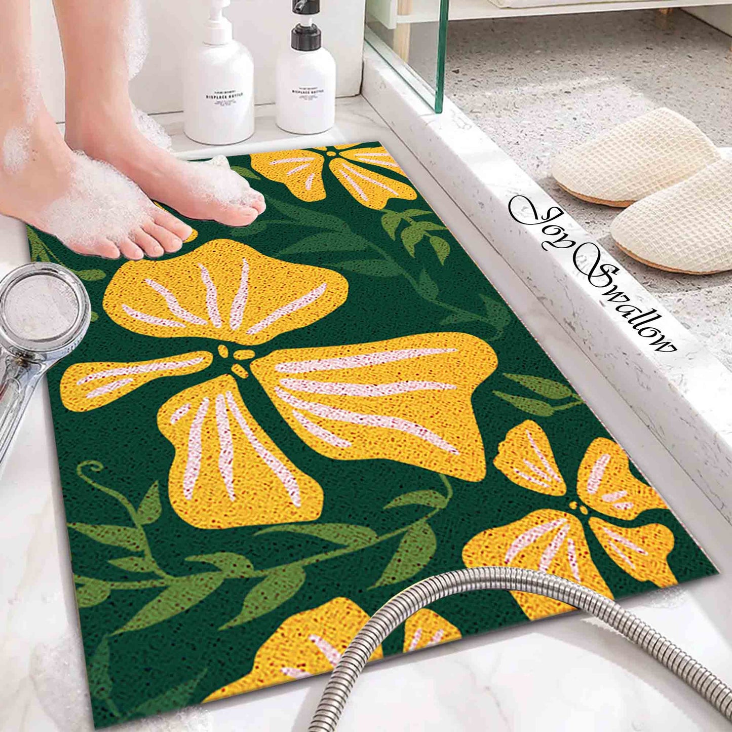 JoySwallow Personalized Bathtub Mat, Yellow Buttercup Flower Bathtub Mat, Art PVC Coil Shower Mat, Flower Anti Skid PVC Coil Bathmat, Permeable Bathmat, Drainable Rug