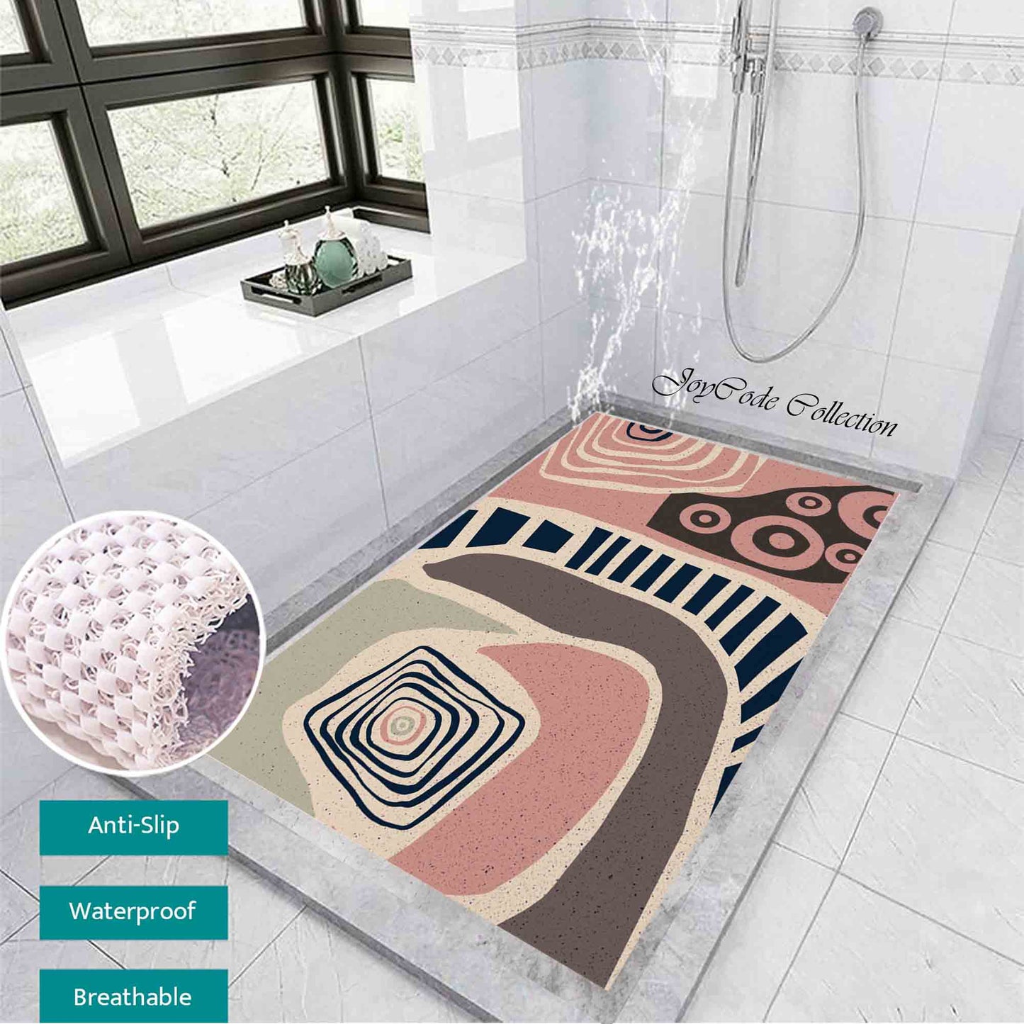 JoySwallow Personalized Bathtub Mat, Abstract Architecture Geometry Bathtub Mat, Line Art PVC Coil Shower Mat, Geometrical Anti Skid PVC Coil Bathmat, Permeable Bathmat, Drainable Rug