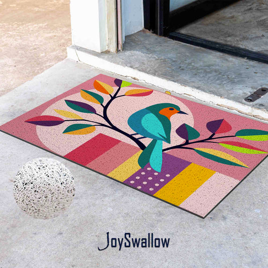 JoySwallow Bird Leaves Sun Doormat, PVC Coil Entrance Door Mat, Cute Bird Anti-Skid Outdoor Mat, Modern Entrance Rug, Floral Entryway Rug for Porch Courtyard