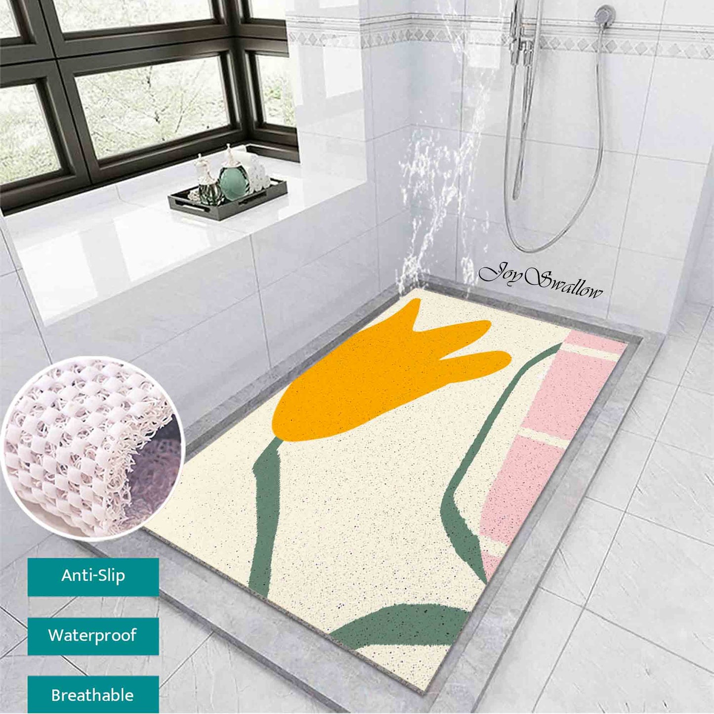 JoySwallow Personalized Bathtub Mat, Buttercup Flowers and Vase Bathtub Mat, Art PVC Coil Shower Mat, Flower Anti Skid PVC Coil Bathmat, Permeable Bathmat, Drainable Rug