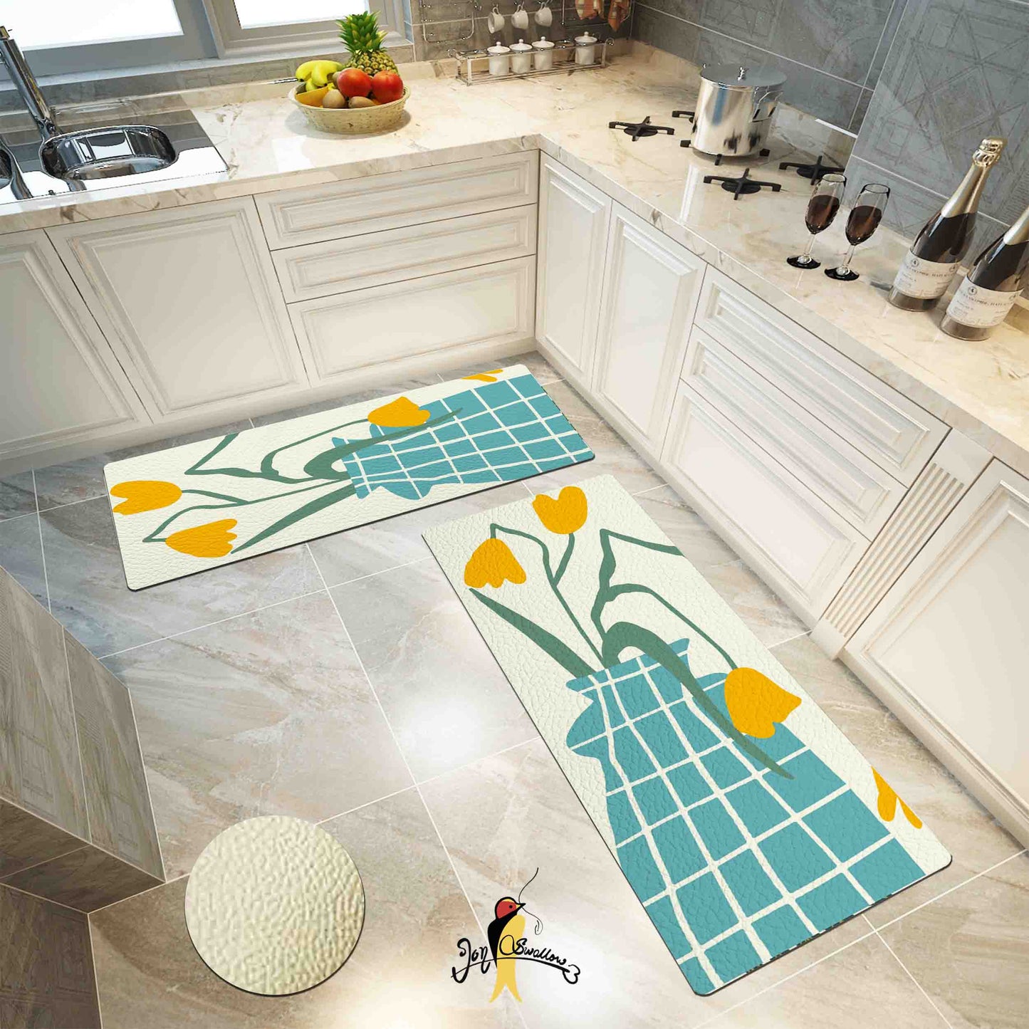 JoySwallow Buttercup Flowers and Vase Kitchen Runner, Foral Non-Slip Anti Fatigue Standing Rug, Comfort Floor Mat for Kitchen Laundry Décor