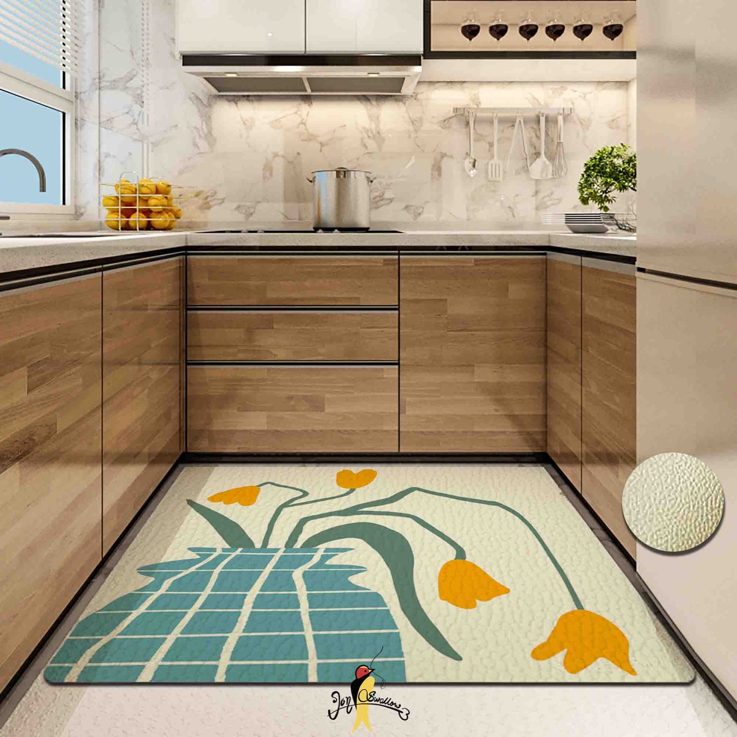 JoySwallow Buttercup Flowers and Vase Kitchen Runner, Foral Non-Slip Anti Fatigue Standing Rug, Comfort Floor Mat for Kitchen Laundry Décor