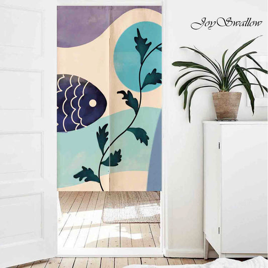 JoySwallow Personalized Doorway Curtain, Fish and Wave Doorway Curtain, Floral Door Tapestries for Home, Blue Fish Door Curtain for Kitchen, Curtain for Bedroom Decoration, Privacy Divider Curtain with Rod