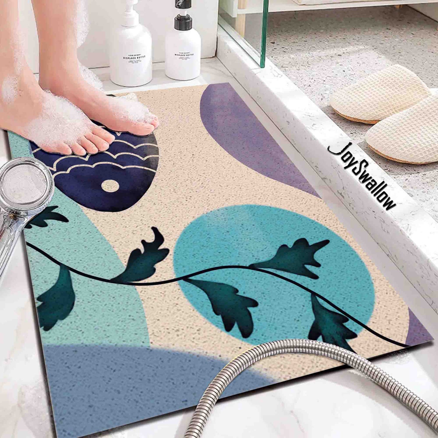 JoySwallow Personalized Bathtub Mat, Fish and Wave Bathtub Mat, Geometric Art PVC Coil Shower Mat, Anti Skid PVC Coil Bathmat, Fish Permeable Bathmat, Leaves Drainable Rug