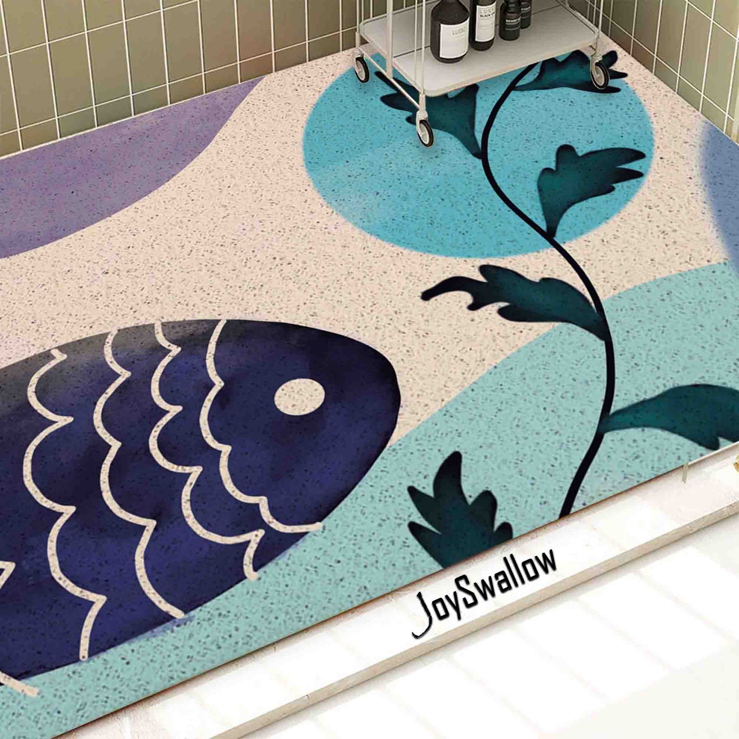 JoySwallow Personalized Bathtub Mat, Fish and Wave Bathtub Mat, Geometric Art PVC Coil Shower Mat, Anti Skid PVC Coil Bathmat, Fish Permeable Bathmat, Leaves Drainable Rug