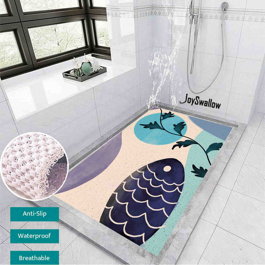 JoySwallow Personalized Bathtub Mat, Fish and Wave Bathtub Mat, Geometric Art PVC Coil Shower Mat, Anti Skid PVC Coil Bathmat, Fish Permeable Bathmat, Leaves Drainable Rug