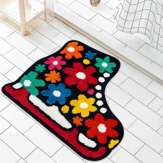 JoySwallow Irregular Flowers Figure Skating Boots Tufted Bathmat, Skating Bathroom Rug, Floral Area Rug, Bedroom Rugs