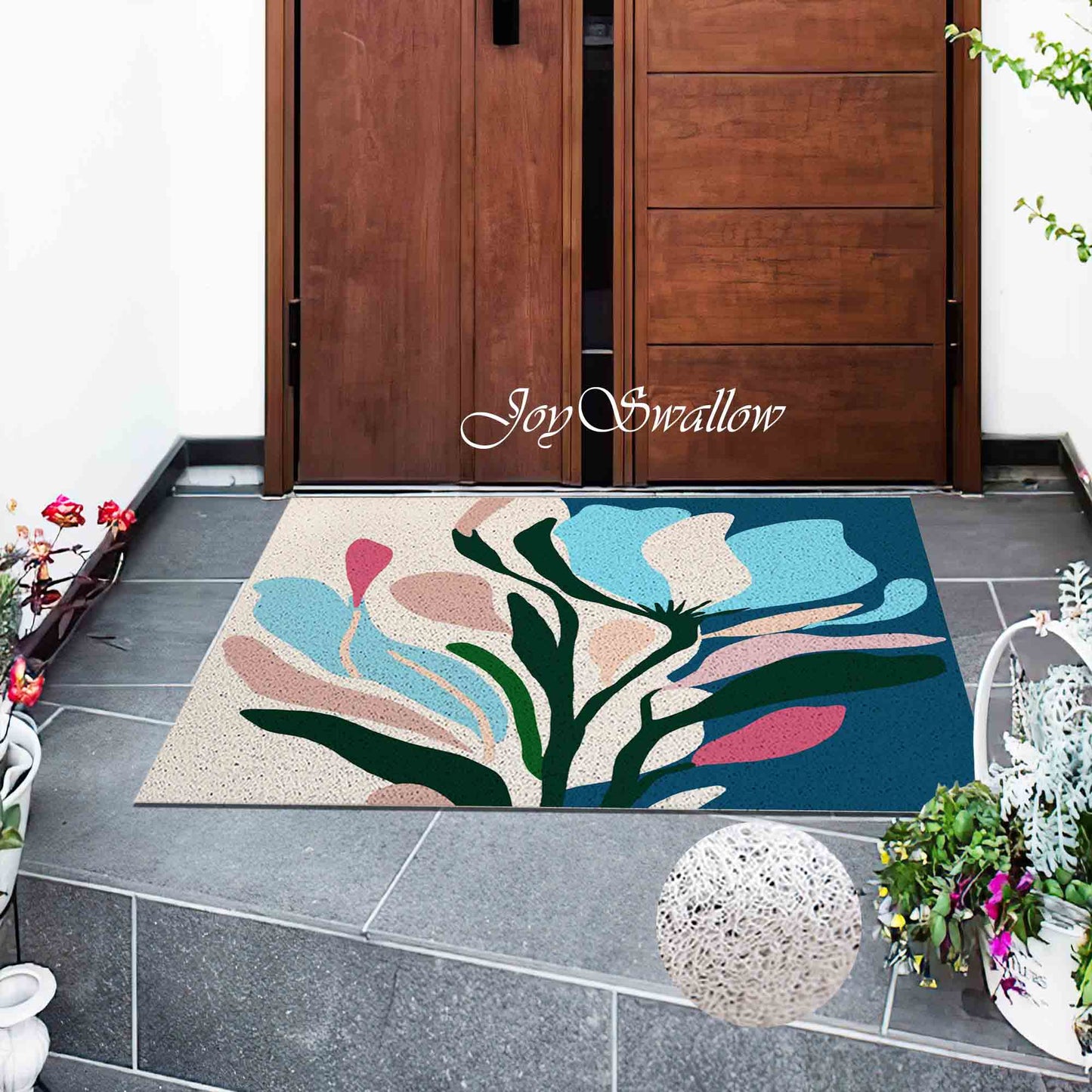 JoySwallow Colorful Leaves and Flower PVC Coil Entrance Door Mat, Anti-Skid Outdoor Mat, Colorful Entryway Rug for Porch Courtyard
