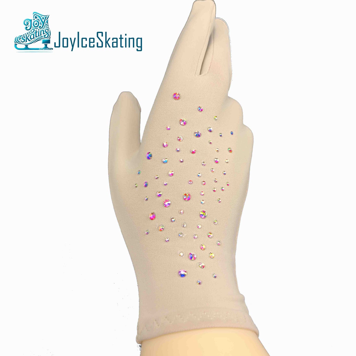 Custom-made rhinestone-embellished performance gloves, high-stretch and fleece-lined for warmth, tailored fit with customizable crystals, ideal for figure skating, dance, athletic training