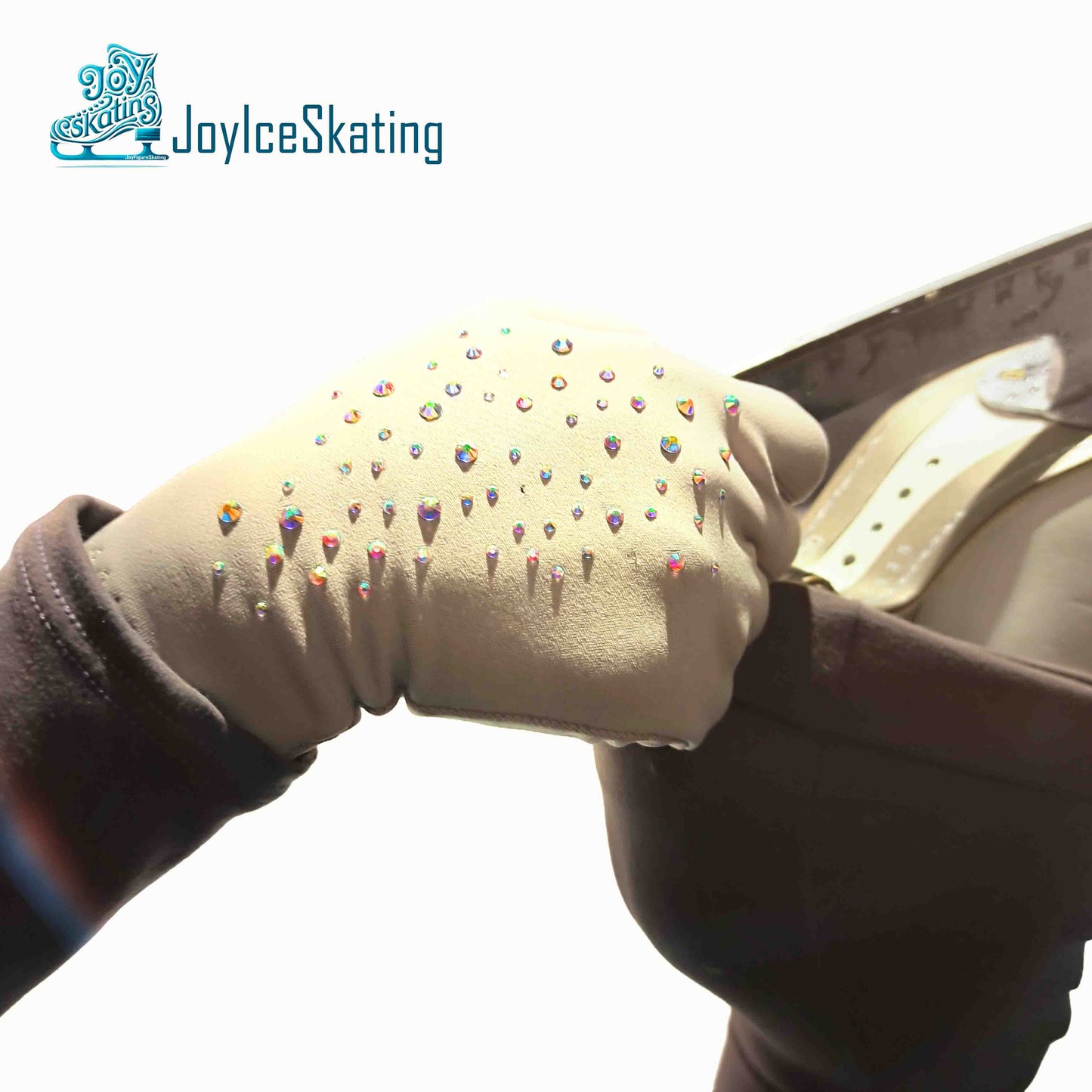 Custom-made rhinestone-embellished performance gloves, high-stretch and fleece-lined for warmth, tailored fit with customizable crystals, ideal for figure skating, dance, athletic training