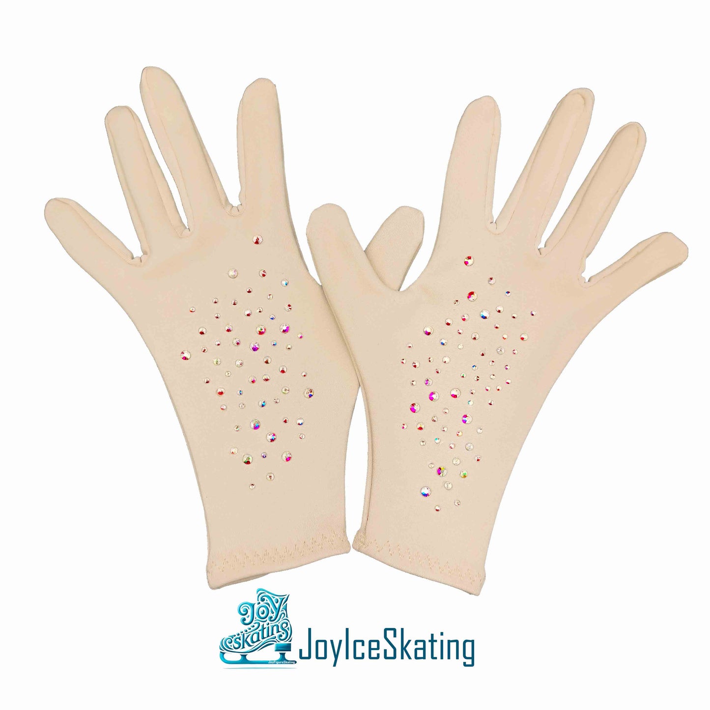 Custom-made rhinestone-embellished performance gloves, high-stretch and fleece-lined for warmth, tailored fit with customizable crystals, ideal for figure skating, dance, athletic training
