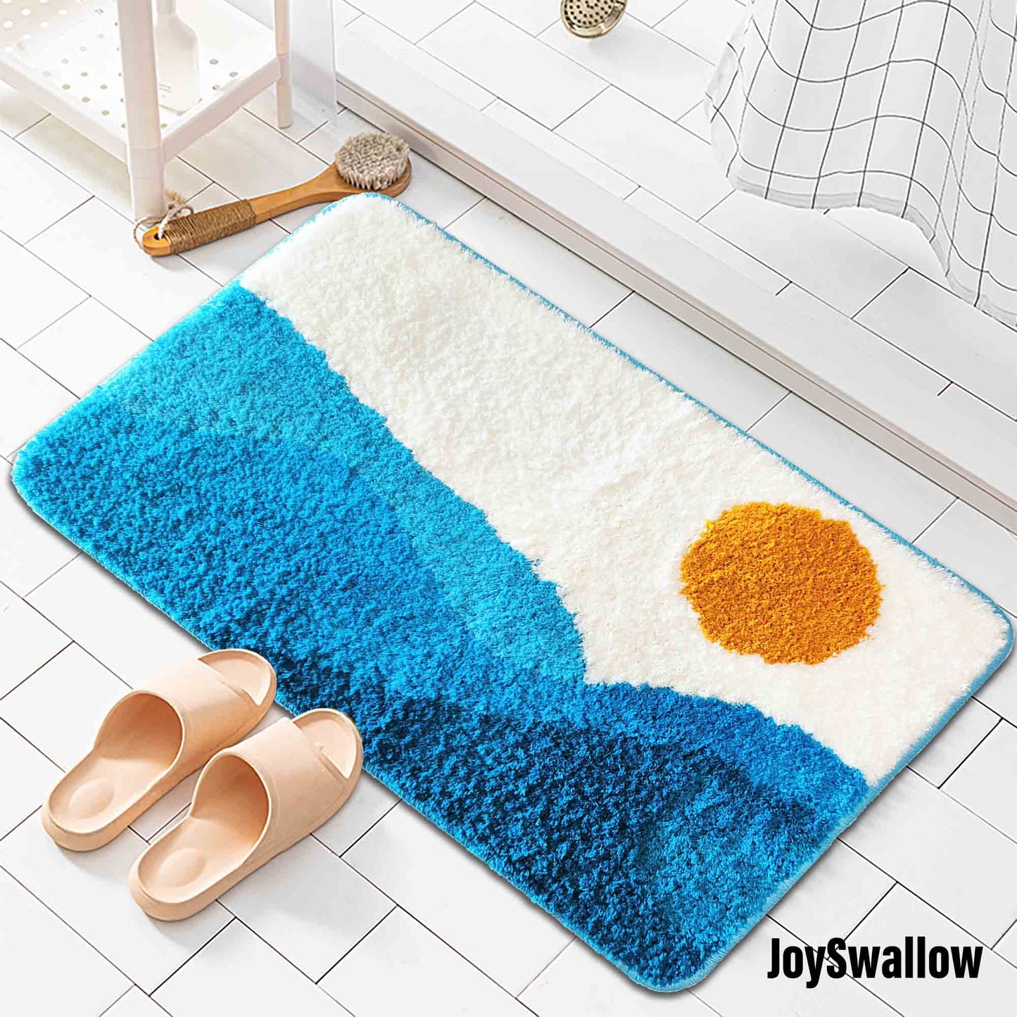 JoySwallow Blue Mountain and Sun Tufted Bathmat, Scenery Bathroom Rug, Landscape Area Rug, Nature Bedroom Rugs