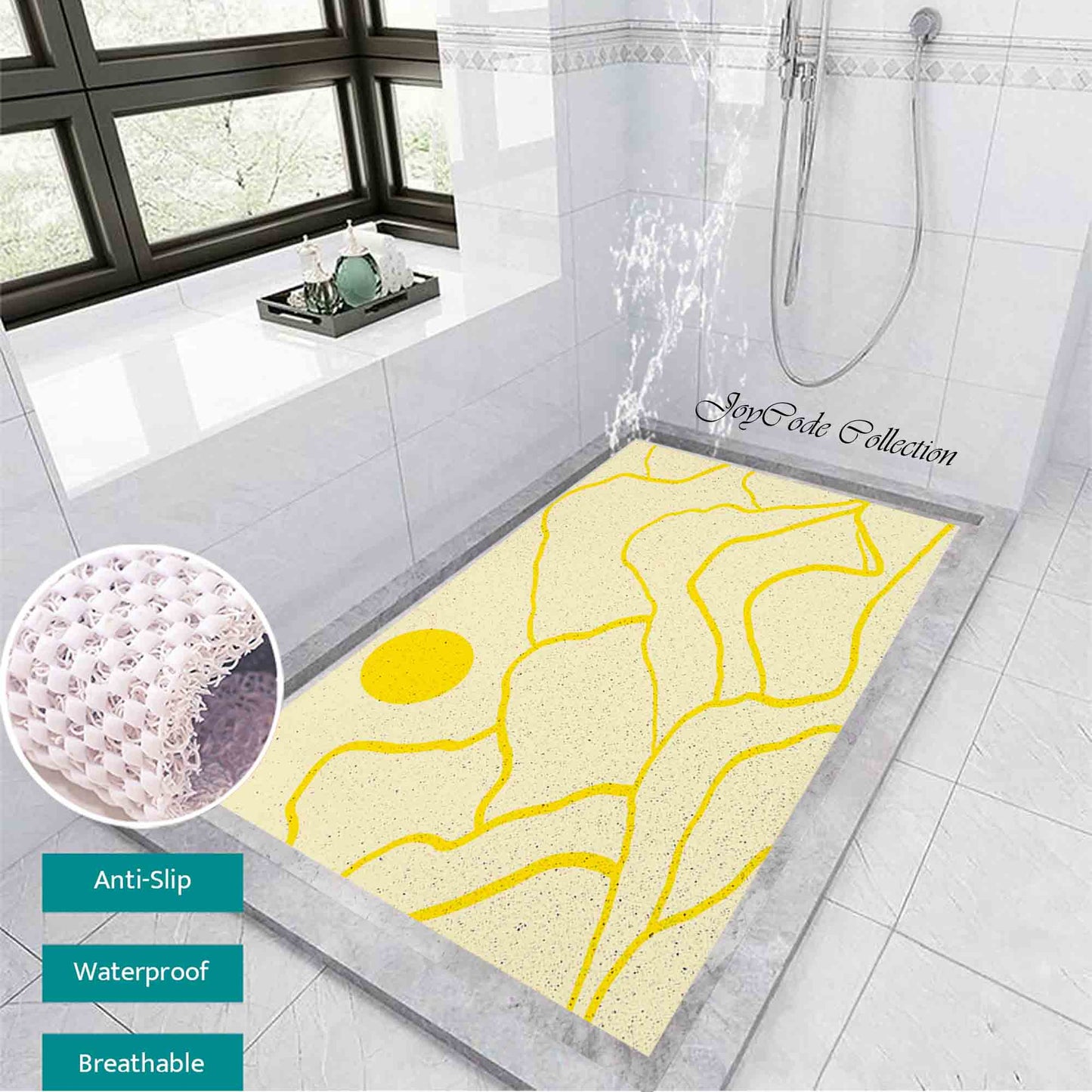 JoySwallow Personalized Bathtub Mat, Mountain and Sun Bathtub Mat, Line Art PVC Coil Shower Mat, Geometrical Anti Skid PVC Coil Bathmat, Permeable Bathmat, Drainable Rug