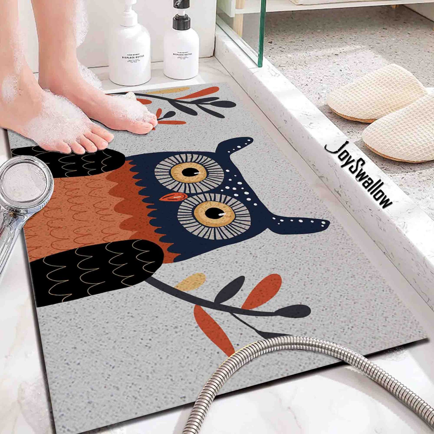 JoySwallow Personalized Bathtub Mat, Cute Owl Bathtub Mat, Animal Art PVC Coil Shower Mat, Anti Skid PVC Coil Bathmat, Bird Permeable Bathmat, Floral Drainable Rug