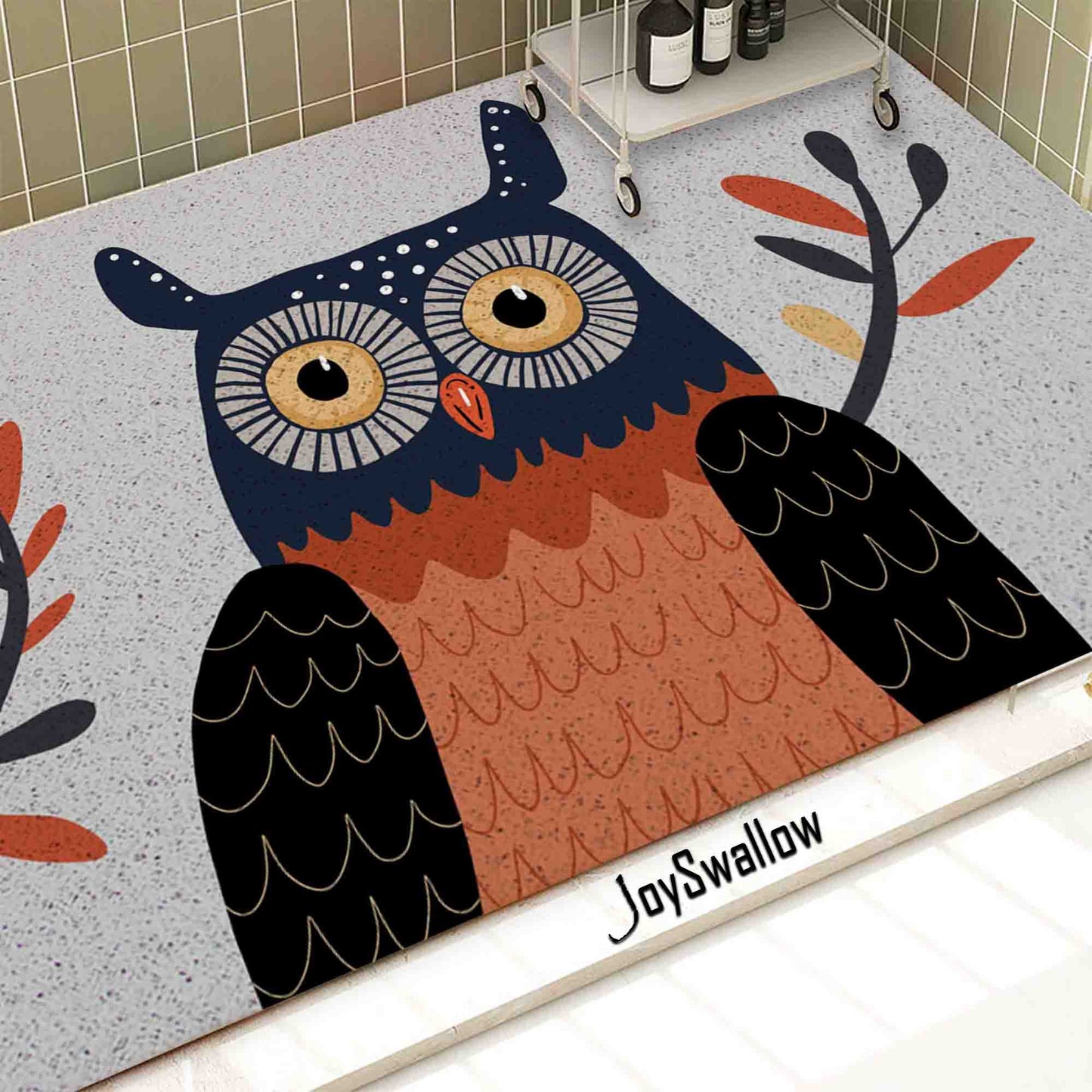 JoySwallow Personalized Bathtub Mat, Cute Owl Bathtub Mat, Animal Art PVC Coil Shower Mat, Anti Skid PVC Coil Bathmat, Bird Permeable Bathmat, Floral Drainable Rug