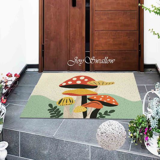 JoySwallow Personalized Doormat, Lovely Mushrooms Door Mat, PVC Coil Entrance Door Mat, Floral Anti-Skid Outdoor Mat, Line Art Entryway Rug for Porch Courtyard