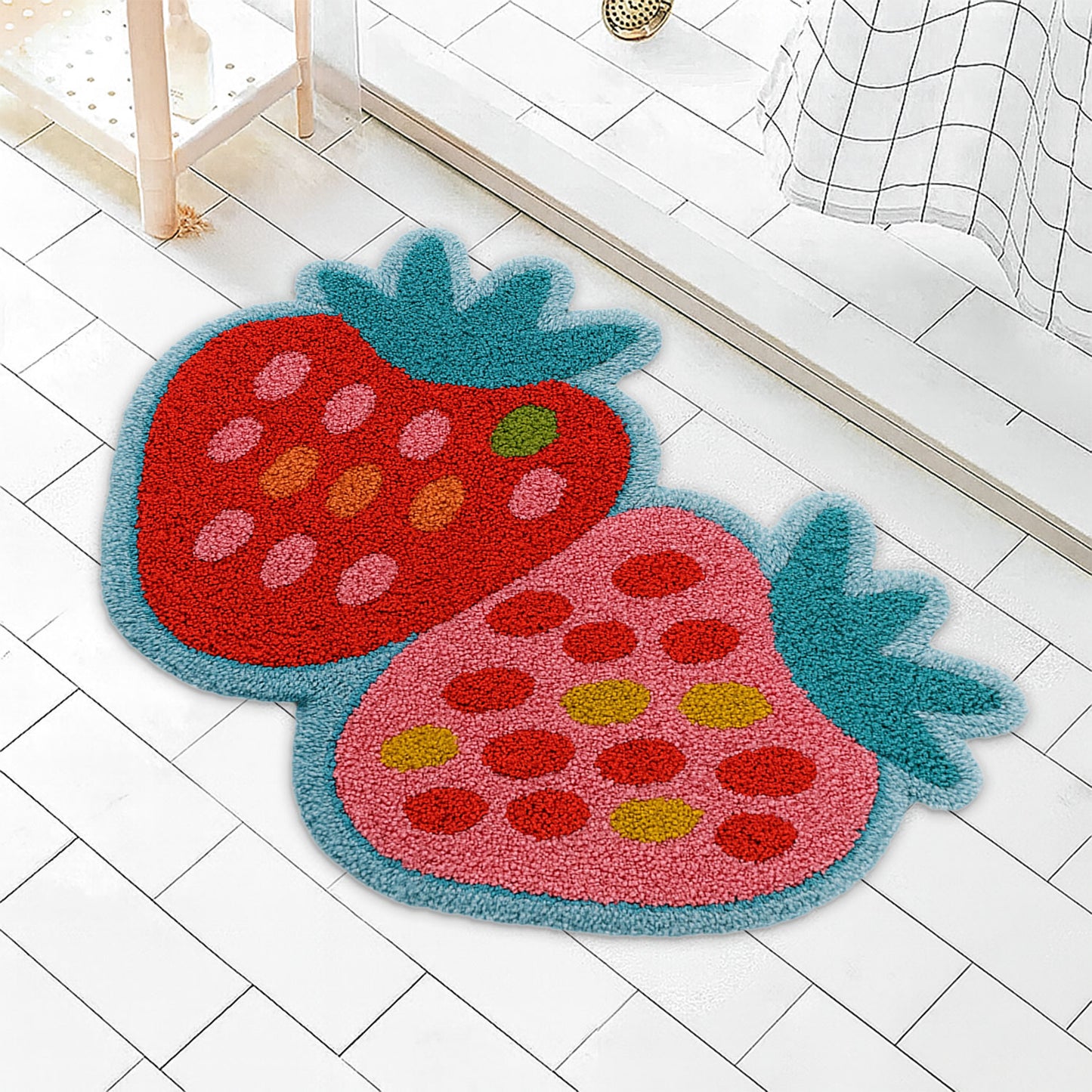 JoySwallow Irregular Strawberry Tufted Bathmat, Strawberry Bathroom Rug, Fruit Area Rug, Strawberry Bedroom Rugs